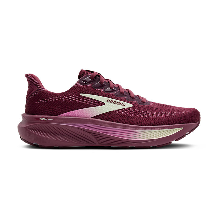 Side view on white background of Womens Brooks Ghost 17 running shoe in Burgundy/Pink/Green, Medium (Regular) width