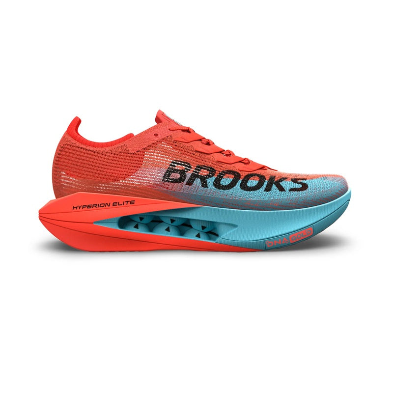 Side view on white background of Mens Brooks Hyperion Elite 5 running shoe in Pink Clay/Atomizer Blue, Medium (Regular) width