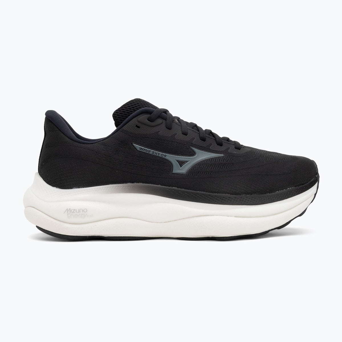 Side view on white background of Mens Mizuno Wave Sky 9 running shoe in Black/Metallic Grey, Medium (Regular) width