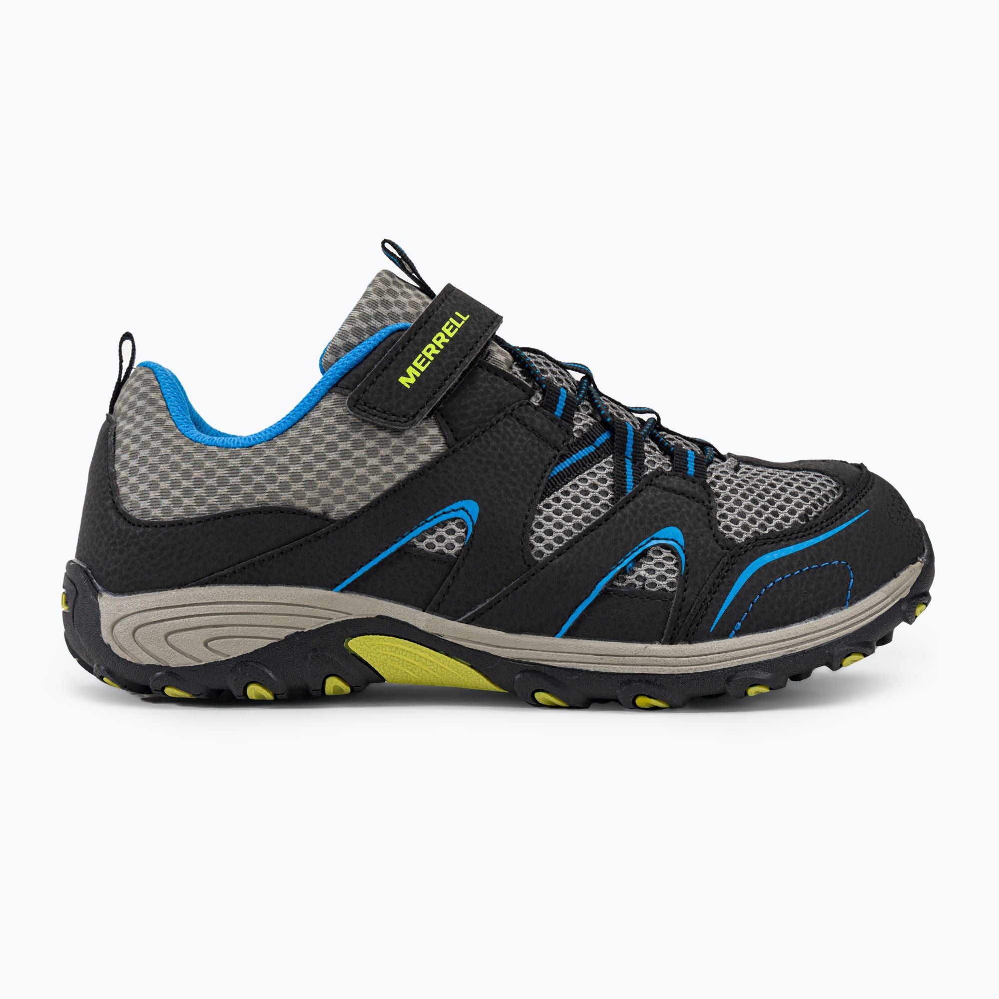 Side view on white background of Kids Merrell Trail Chaser running shoe in Black/Blue, Medium (Regular) width