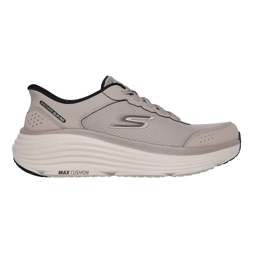 Side view on white background of Mens Skechers Slip-ins: Max Cushioning Endeavour - Cardova running shoe in Taupe/Black, Medium (Regular) width
