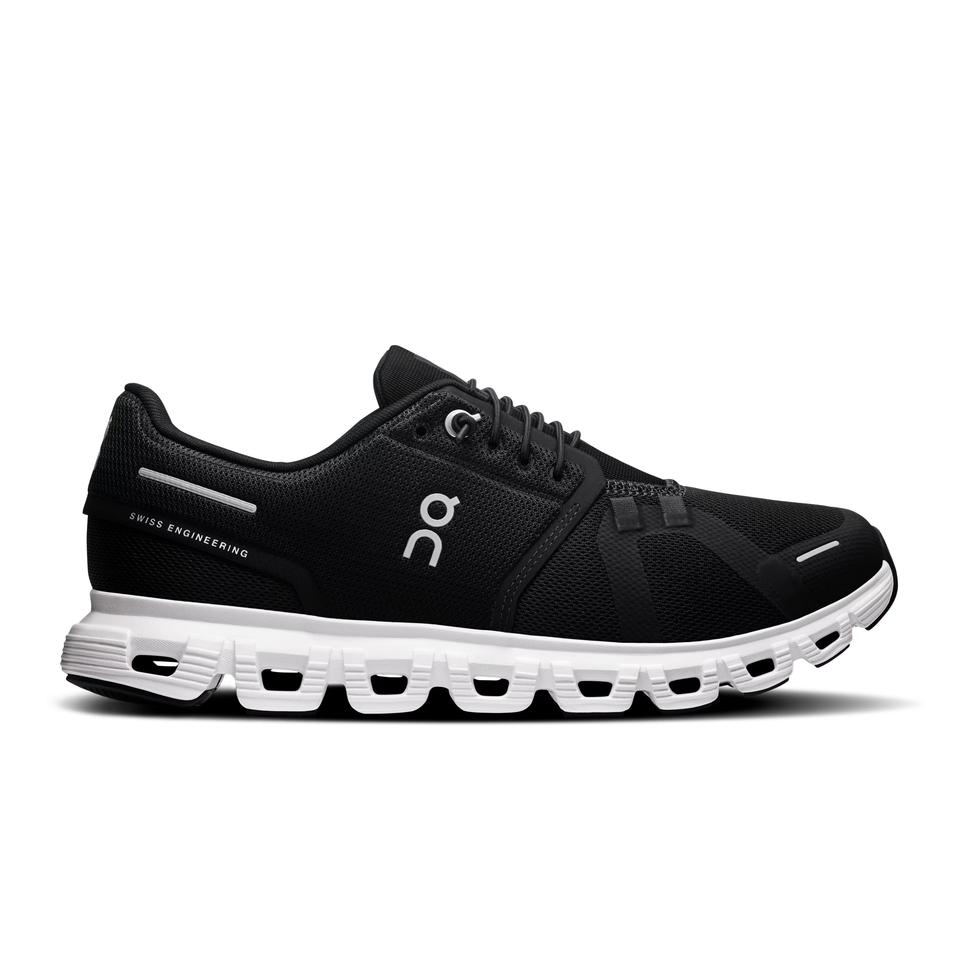 Side view on white background of Womens On Cloud 6 running shoe in Black/White, Medium (Regular) width