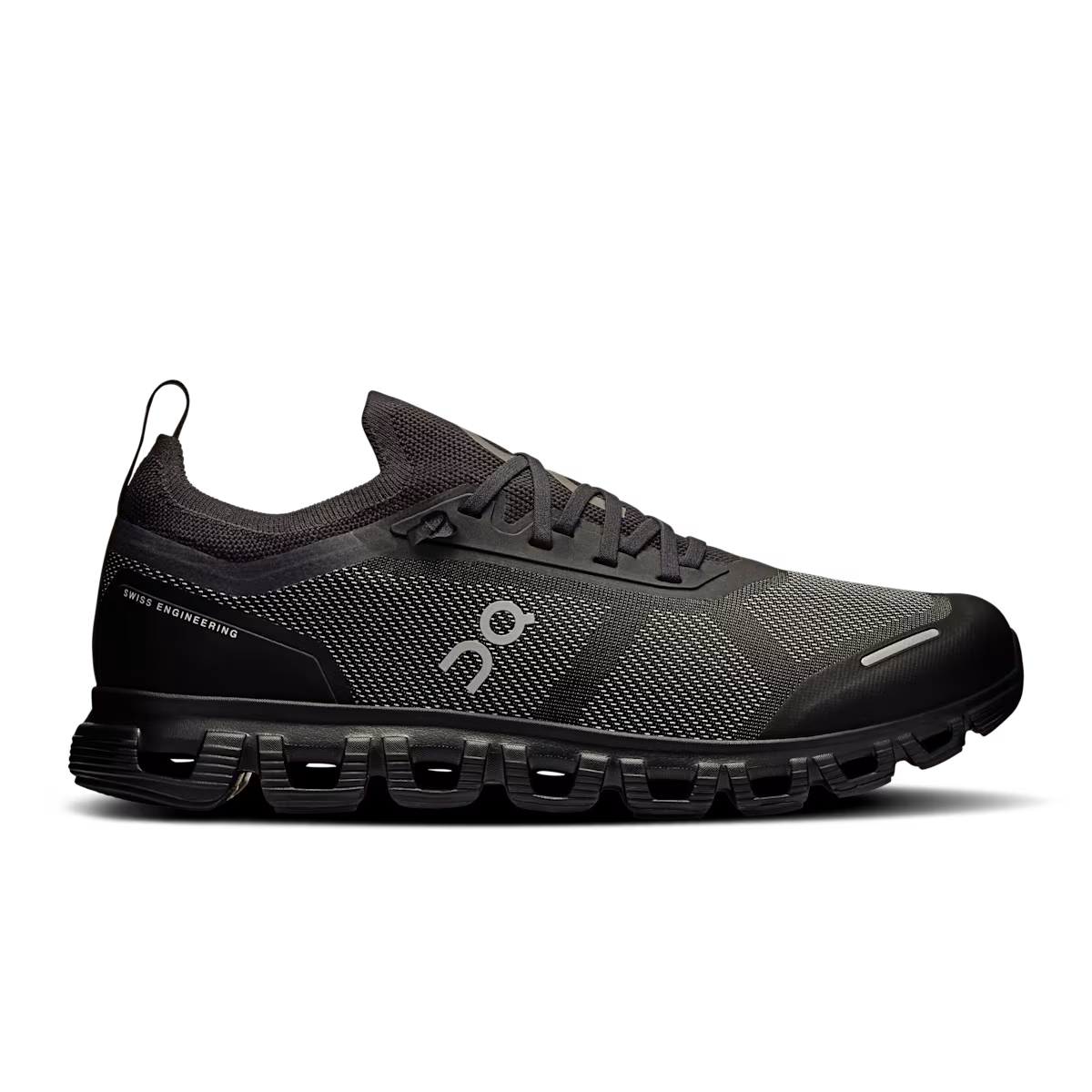 Side view on white background of Mens On Cloud 6 Versa running shoe in Black/Eclipse, Medium (Regular) width