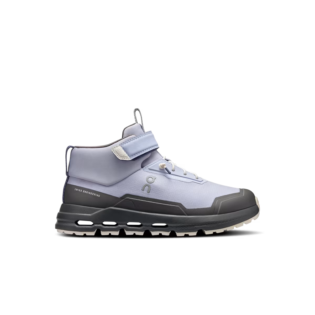 Side view on white background of Kids On Cloudhero Mid Waterproof running shoe in Nimbus/Eclipse, Medium (Regular) width