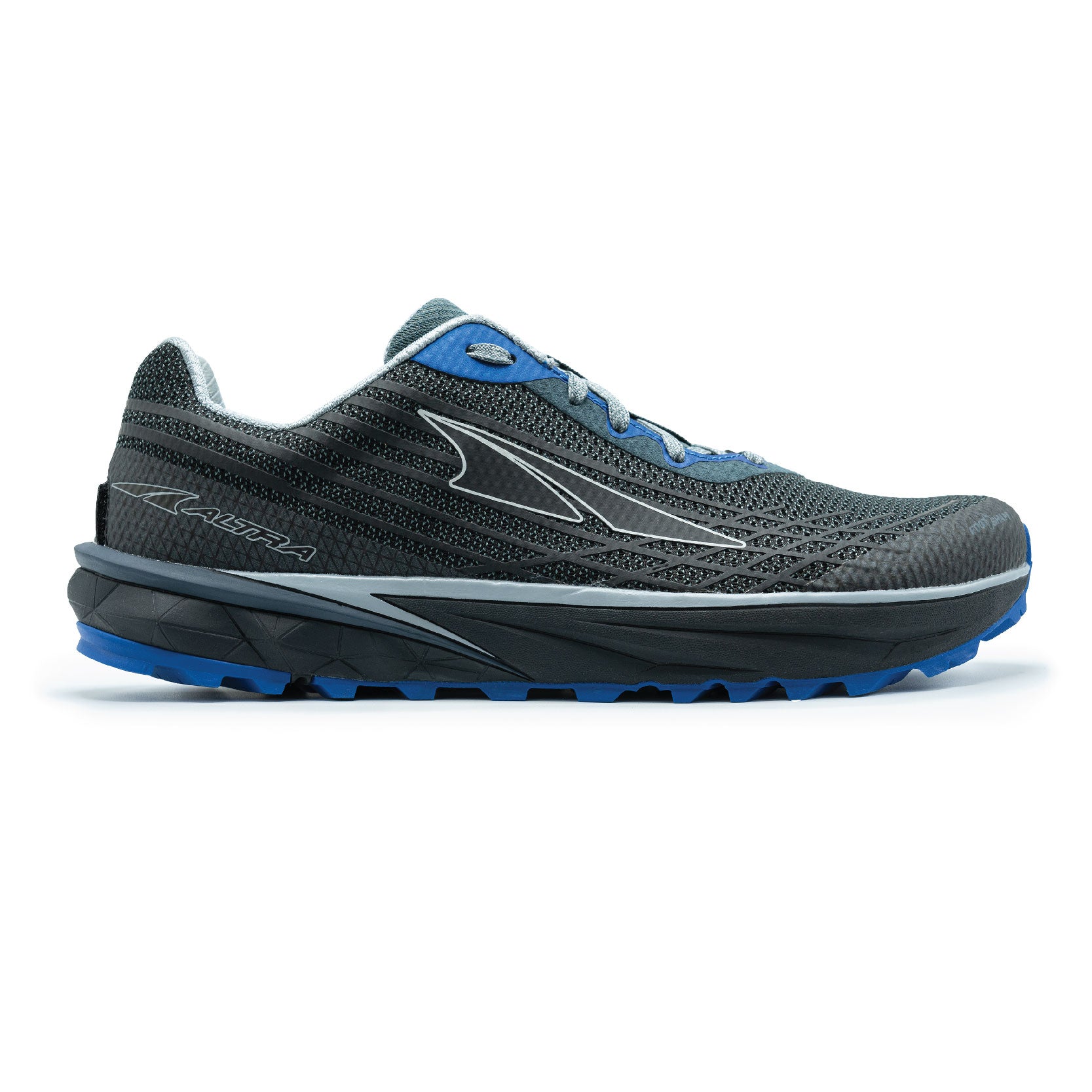 Side view on white background of Mens Altra Timp 2 running shoe in Stormy Weather/Natural Blue, Medium (Regular) width