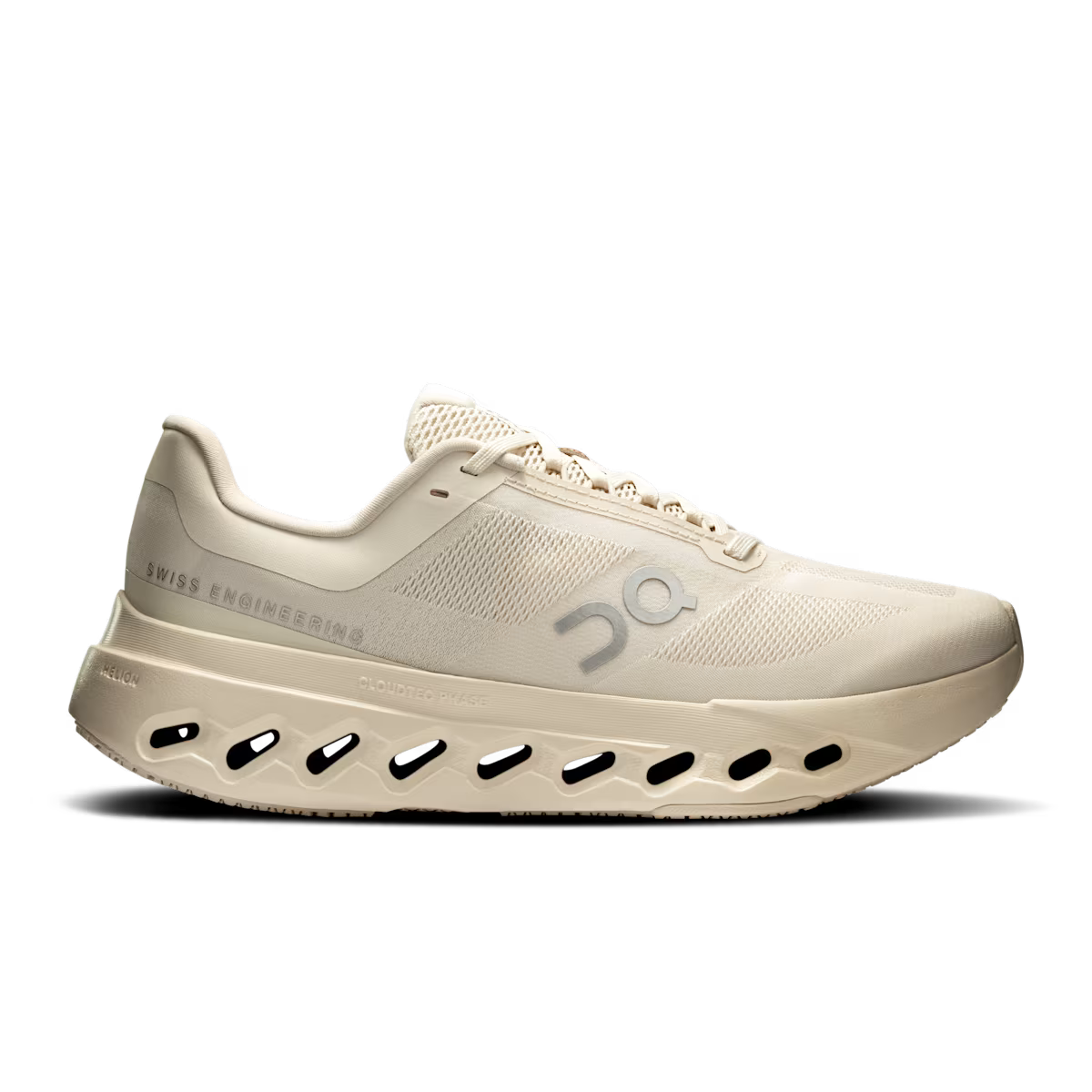 Side view on white background of Womens On Cloudsurfer Next running shoe in Dew/Dew, Medium (Regular) width