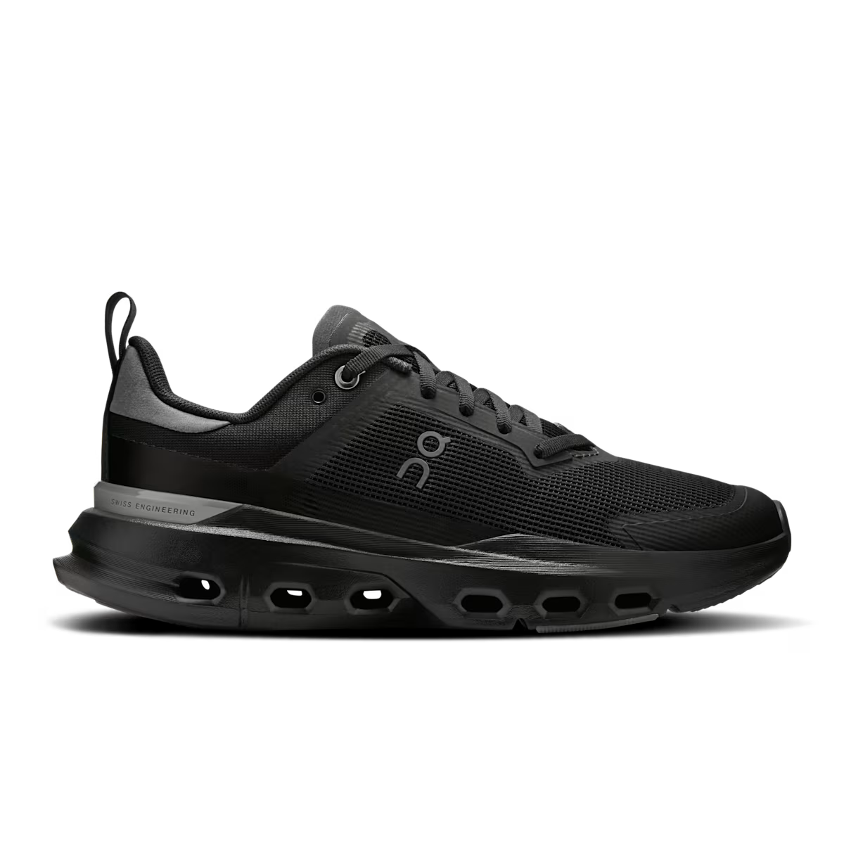 Side view on white background of Womens On Cloudpulse Next running shoe in Black/Stone, Medium (Regular) width