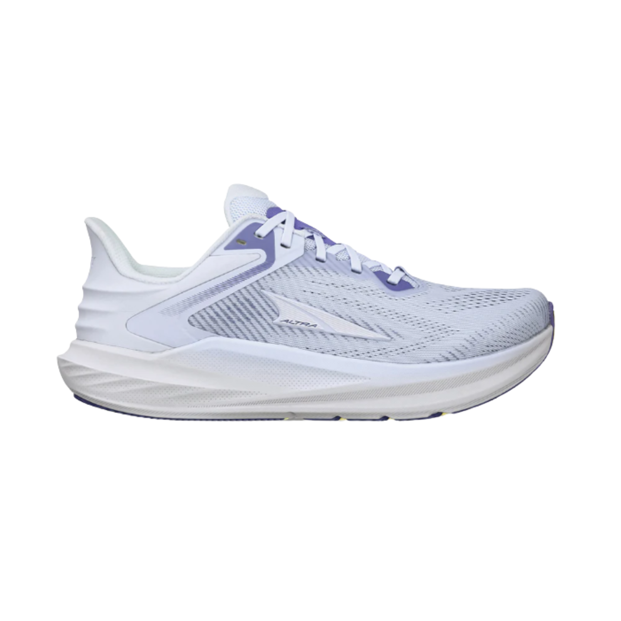 Side view on white background of Womens Altra Torin 8 running shoe in Blue, Wide width