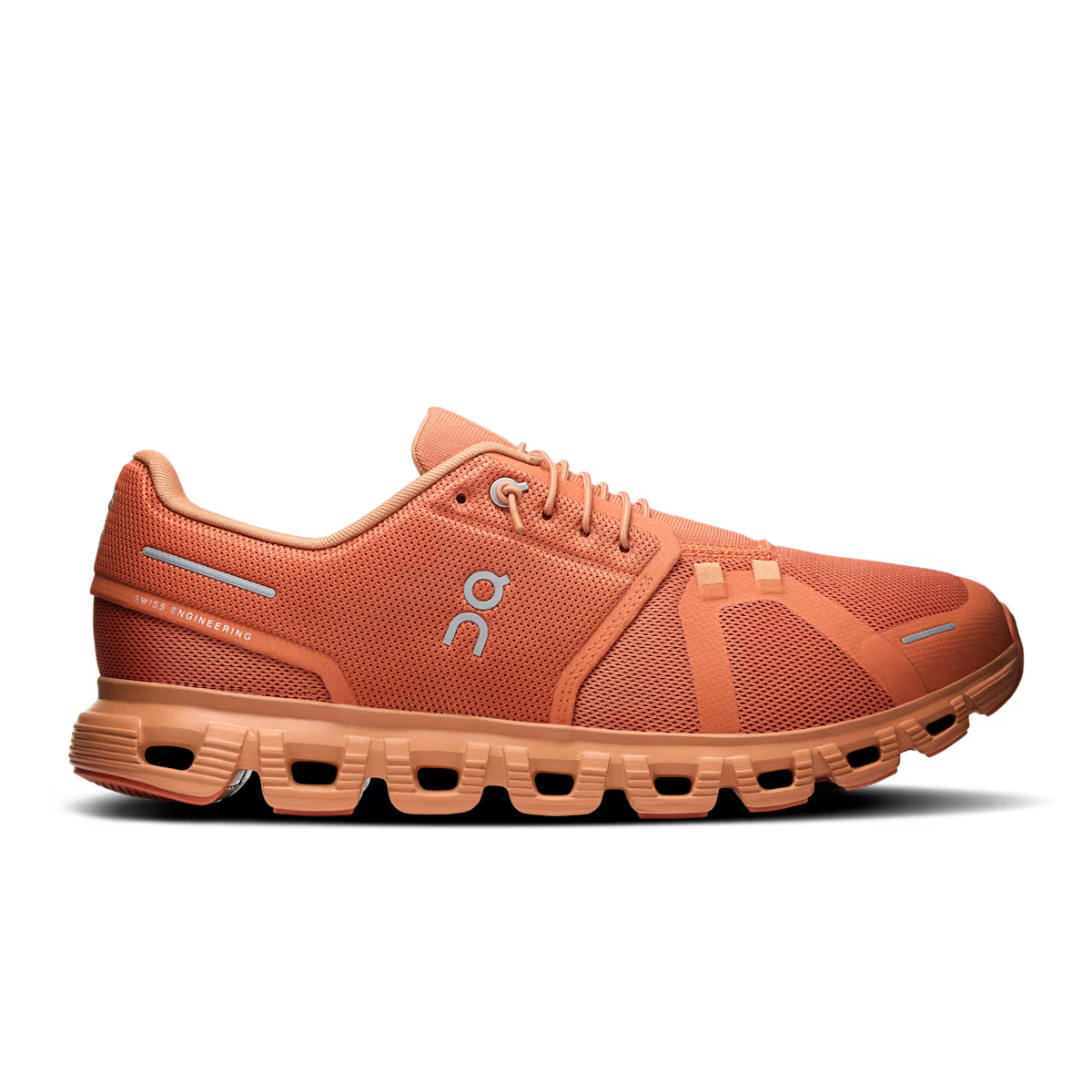 Side view on white background of Mens On Cloud 6 running shoe in Canyon/Sandstone, Medium (Regular) width