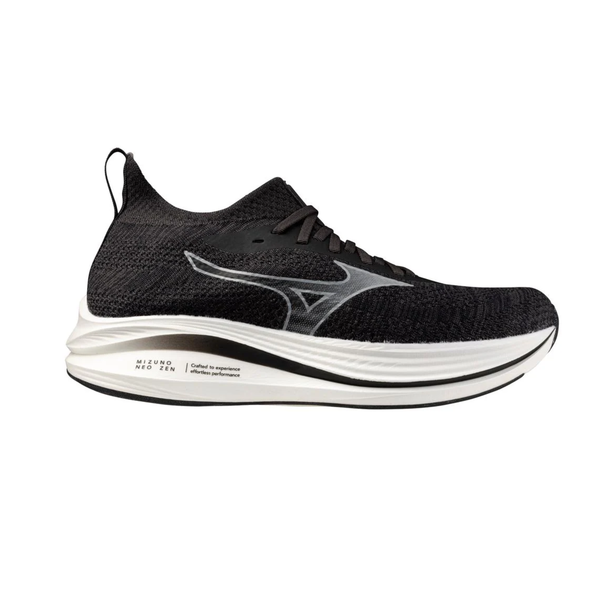 Side view on white background of Mens Mizuno Neo Zen running shoe in Black Sand/Quiet Shade, Medium (Regular) width