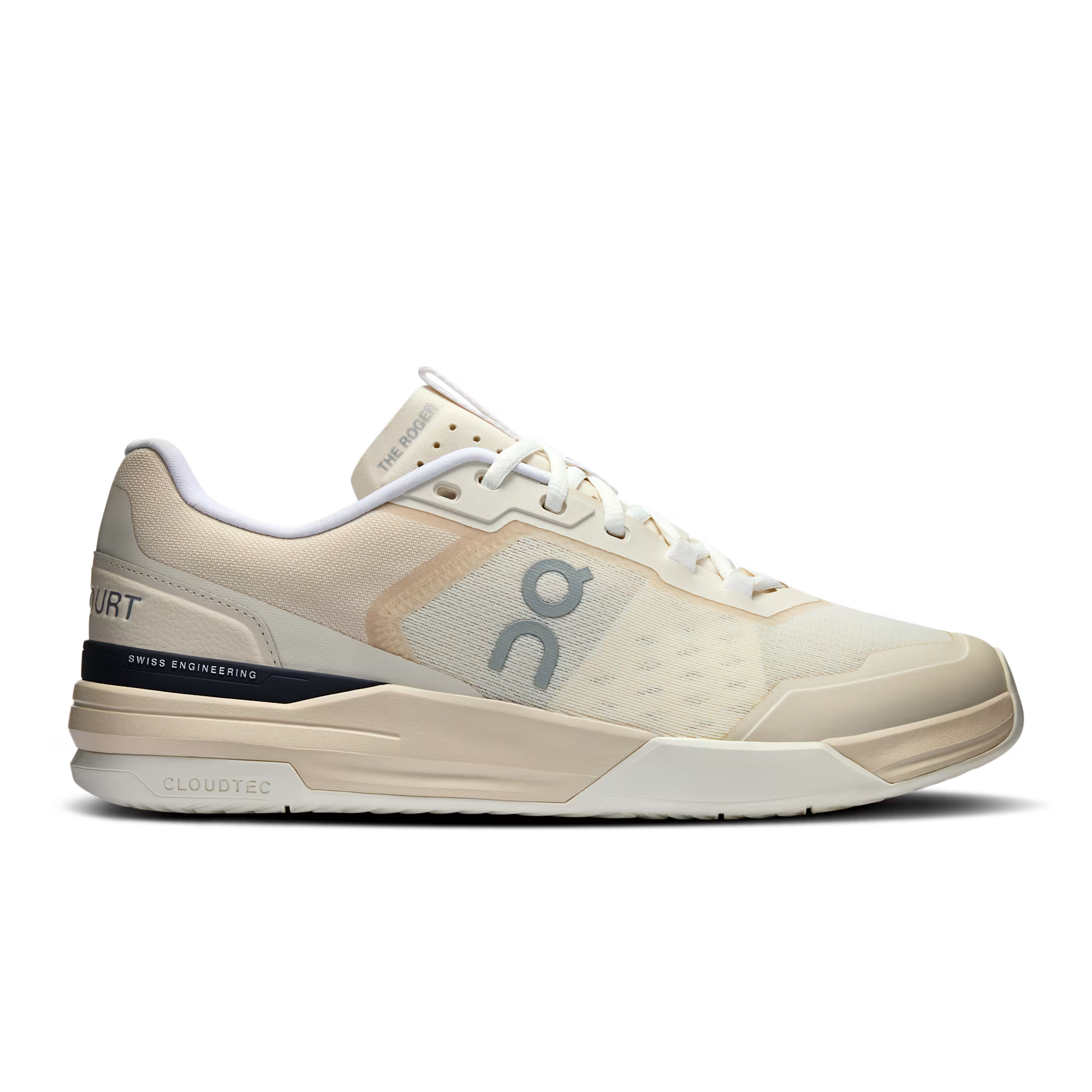 Side view on white background of Mens On The Roger Advantage Pro running shoe in Cream/Black, Medium (Regular) width