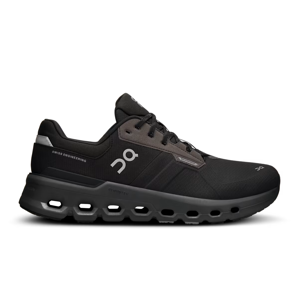 Side view on white background of Womens On Cloudrunner 2 Waterproof running shoe in Magnet/Black, Medium (Regular) width