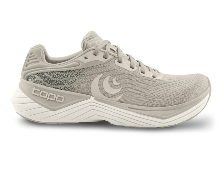 Side view on white background of Womens Topo Athletic Ultrafly 5 running shoe in Tan/White, Medium (Regular) width