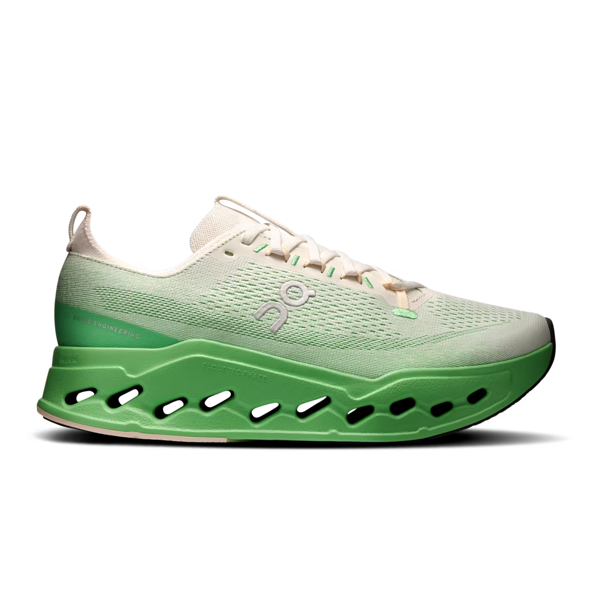 Side view on white background of Mens On Cloudsurfer Max running shoe in Ivory/Honeydew, Medium (Regular) width