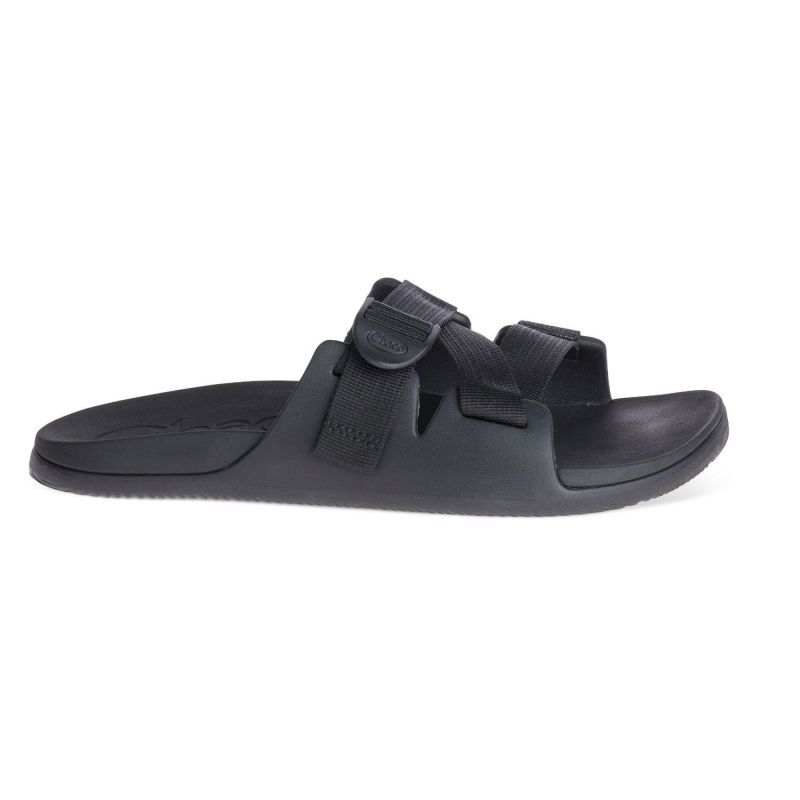 Side view on white background of Mens Chaco Chillos Slide running shoe in Black, Medium (Regular) width