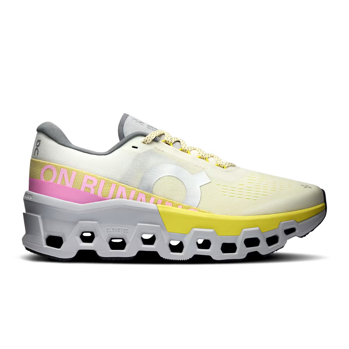 Side view on white background of Womens On Cloudmonster 2 running shoe in Ivory/Lime, Medium (Regular) width