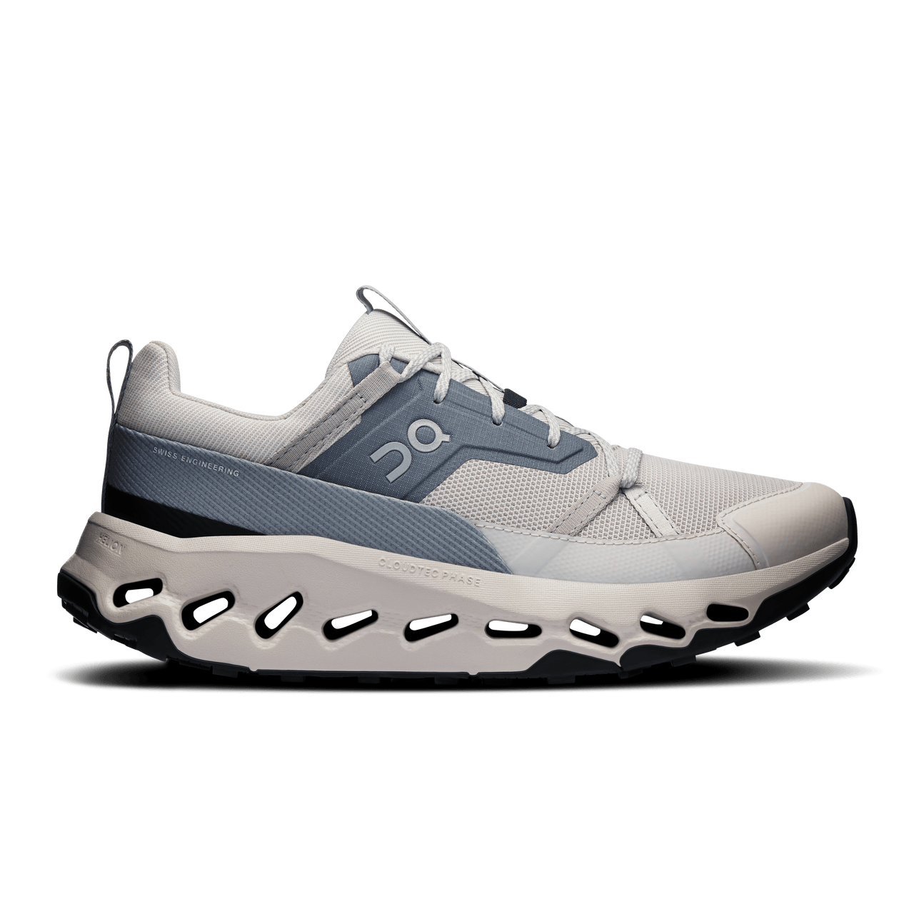Side view on white background of Womens On Cloudhorizon running shoe in Wolf/Rock, Medium (Regular) width
