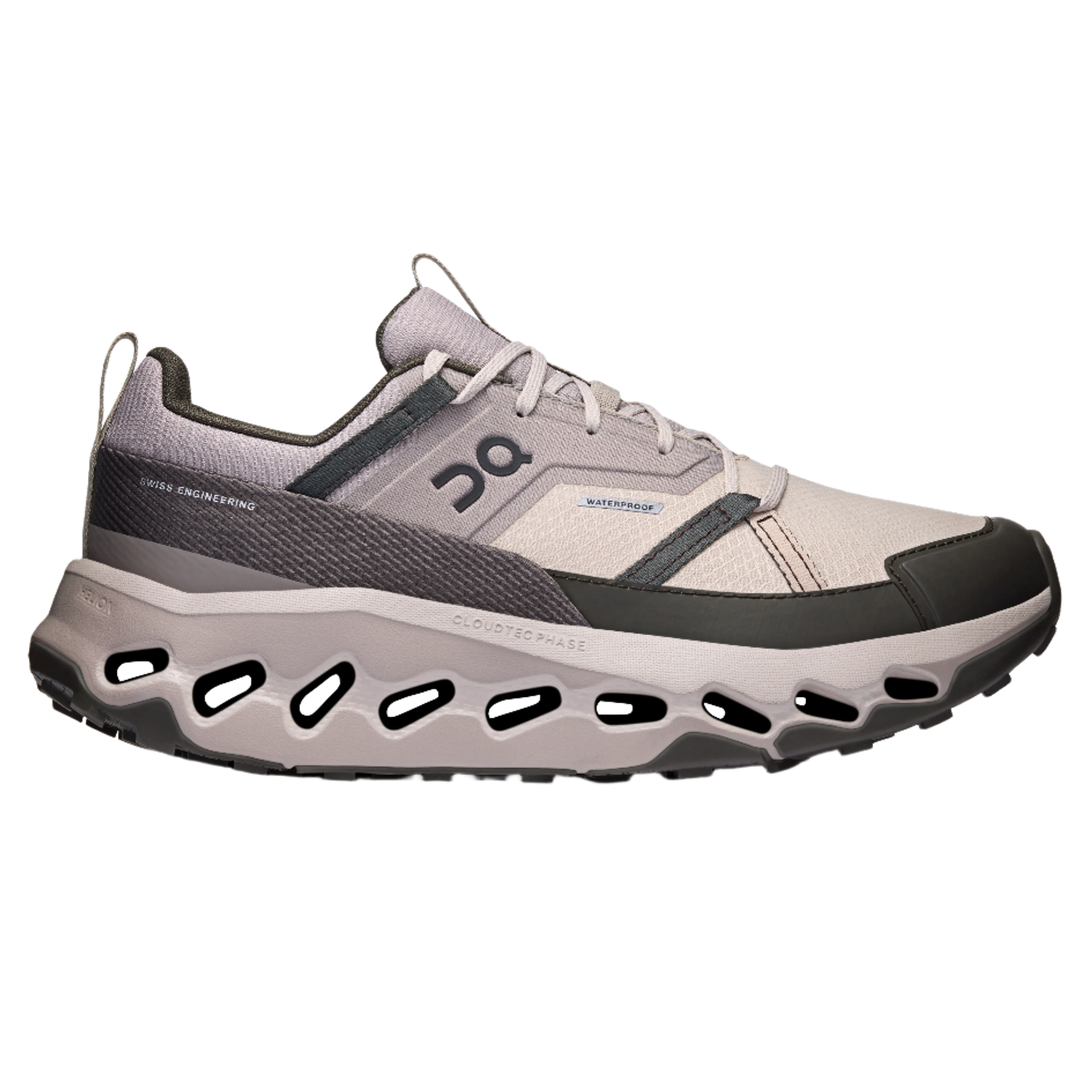 Side view on white background of Womens On Cloudhorizon Waterproof running shoe in Desert/Thorn, Medium (Regular) width