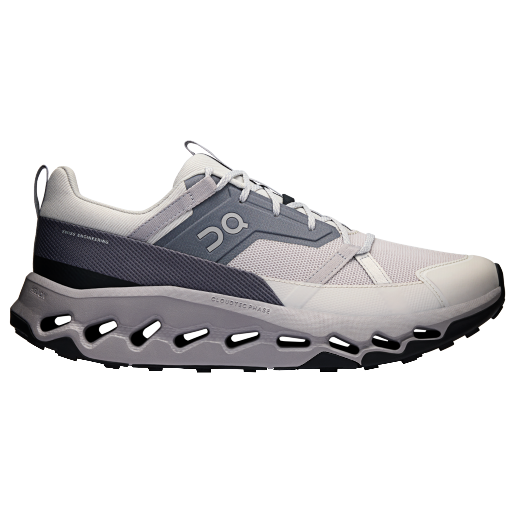 Side view on white background of Mens On Cloudhorizon running shoe in Wolf/Alloy, Medium (Regular) width