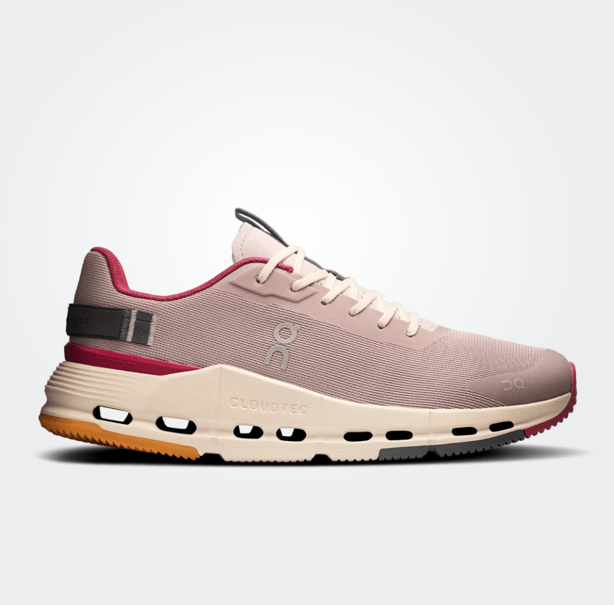 Side view on white background of Womens On Cloudnova Form 2 running shoe in Fade/Orchid, Medium (Regular) width