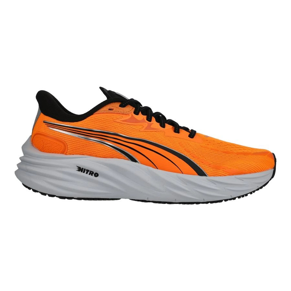 Side view on white background of Mens Puma Velocity Nitro 4 running shoe in Heat Fire/Puma Black, Medium (Regular) width