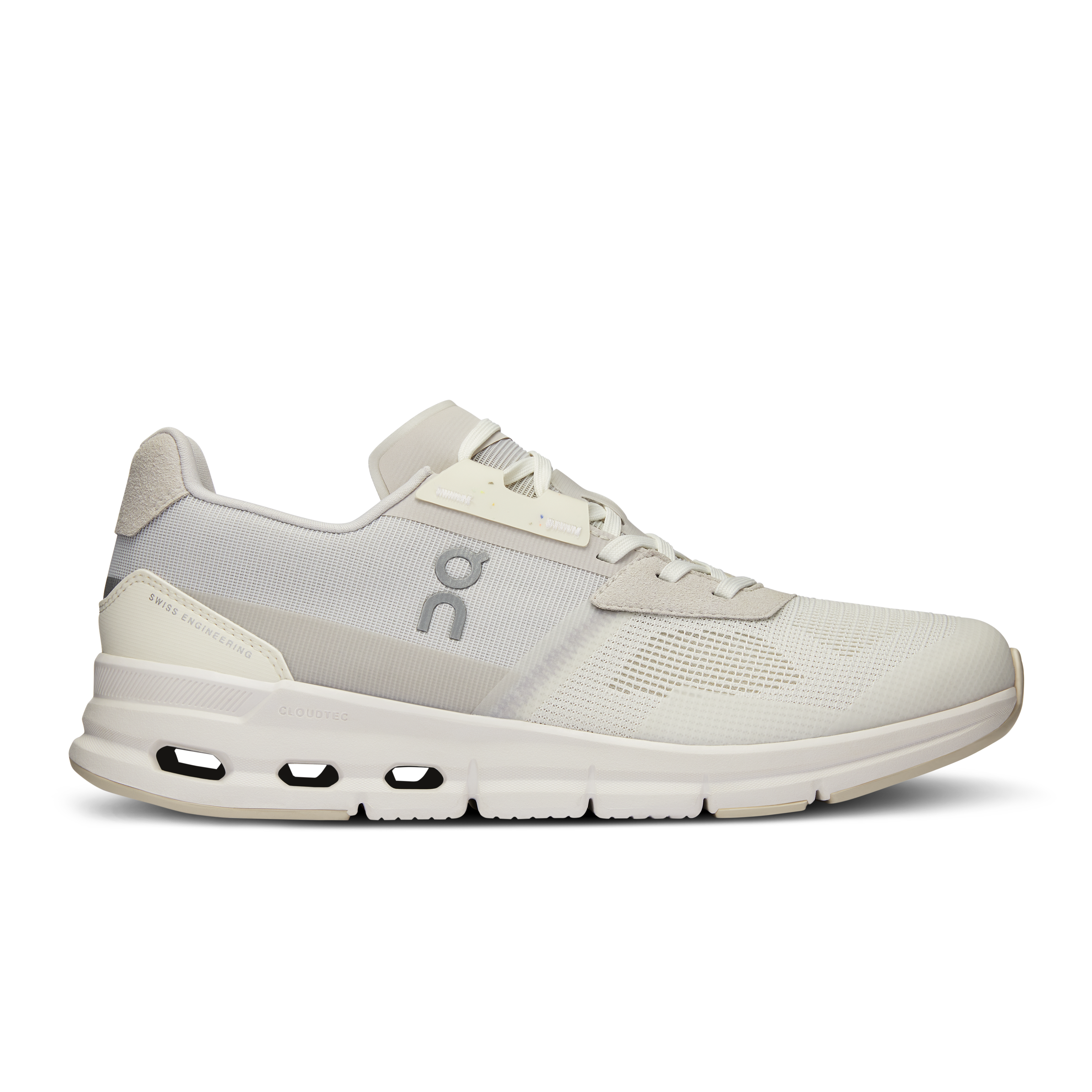 Side view on white background of Womens On Cloudrift running shoe in White/Frost, Medium (Regular) width