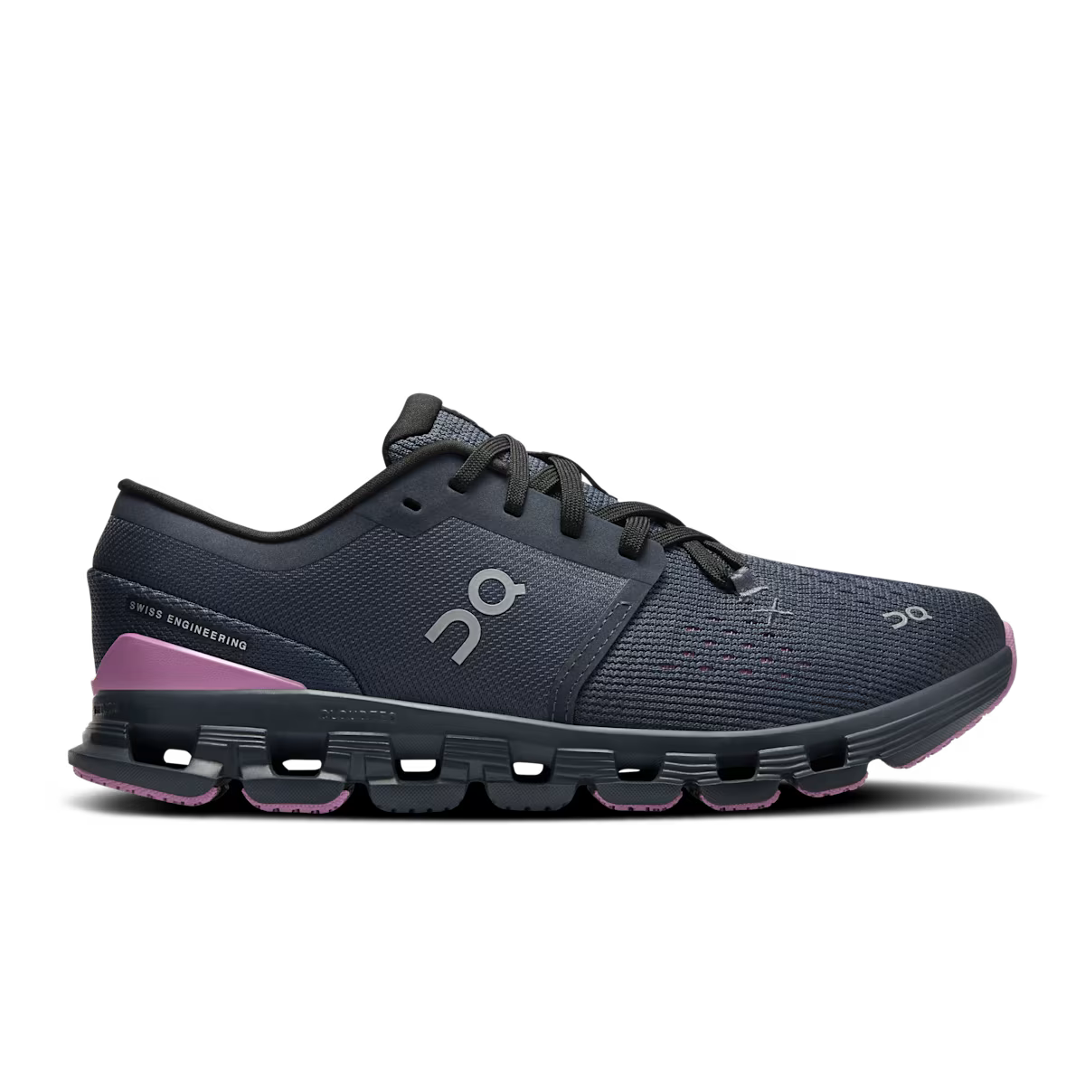 Side view on white background of Womens On Cloud X 4 running shoe in Navy/Sakura, Medium (Regular) width