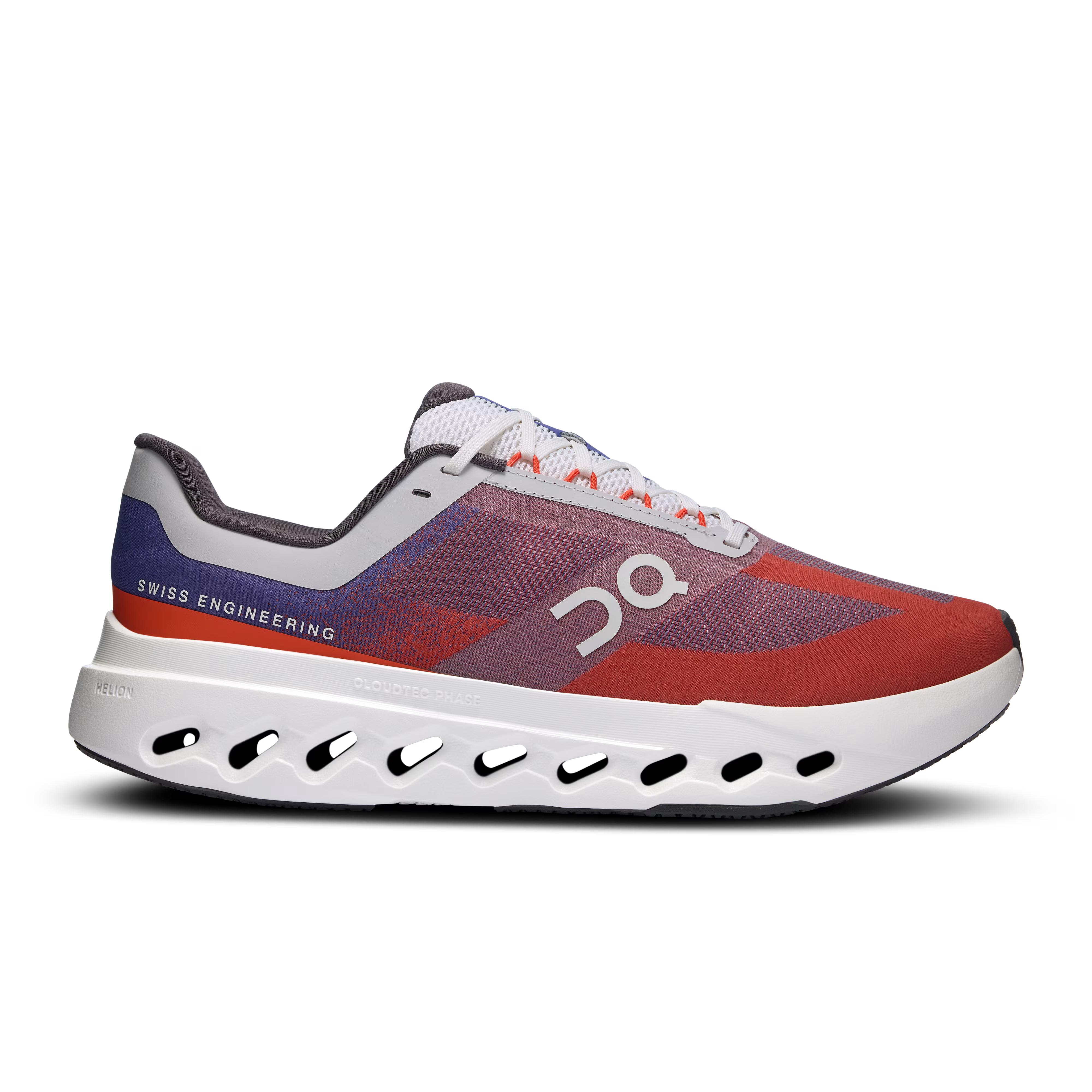 Side view on white background of Mens On Cloudsurfer Next running shoe in Indigo/Flame, Medium (Regular) width