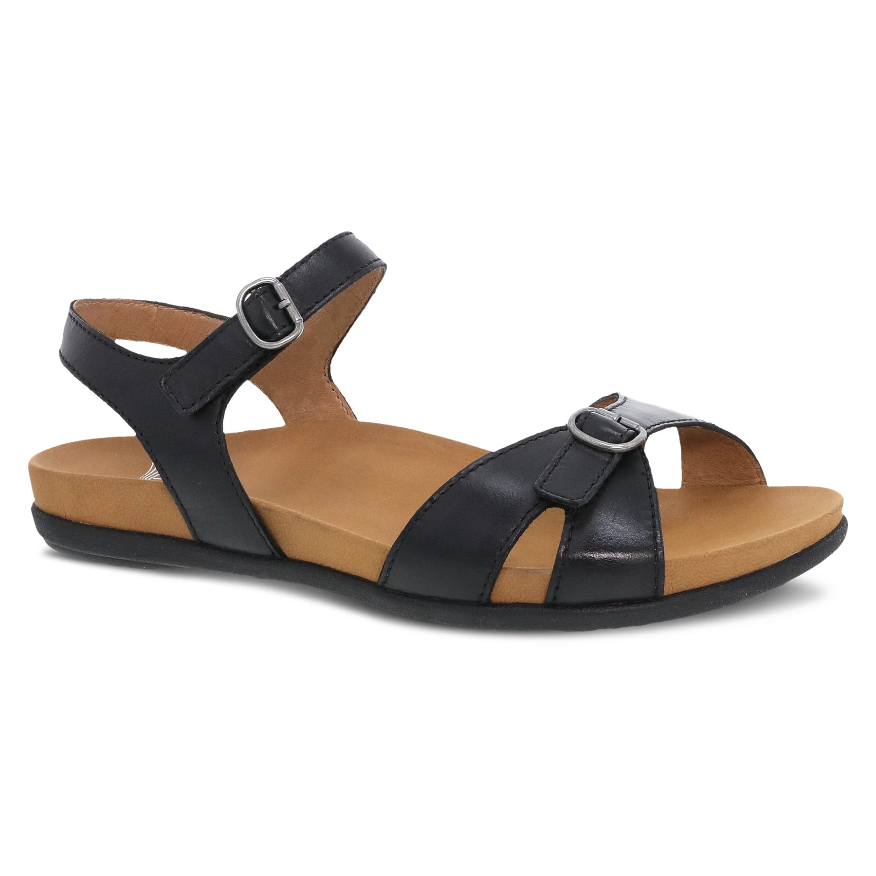 Side view on white background of Womens Dansko Judith Calf running shoe in Black, Medium (Regular) width