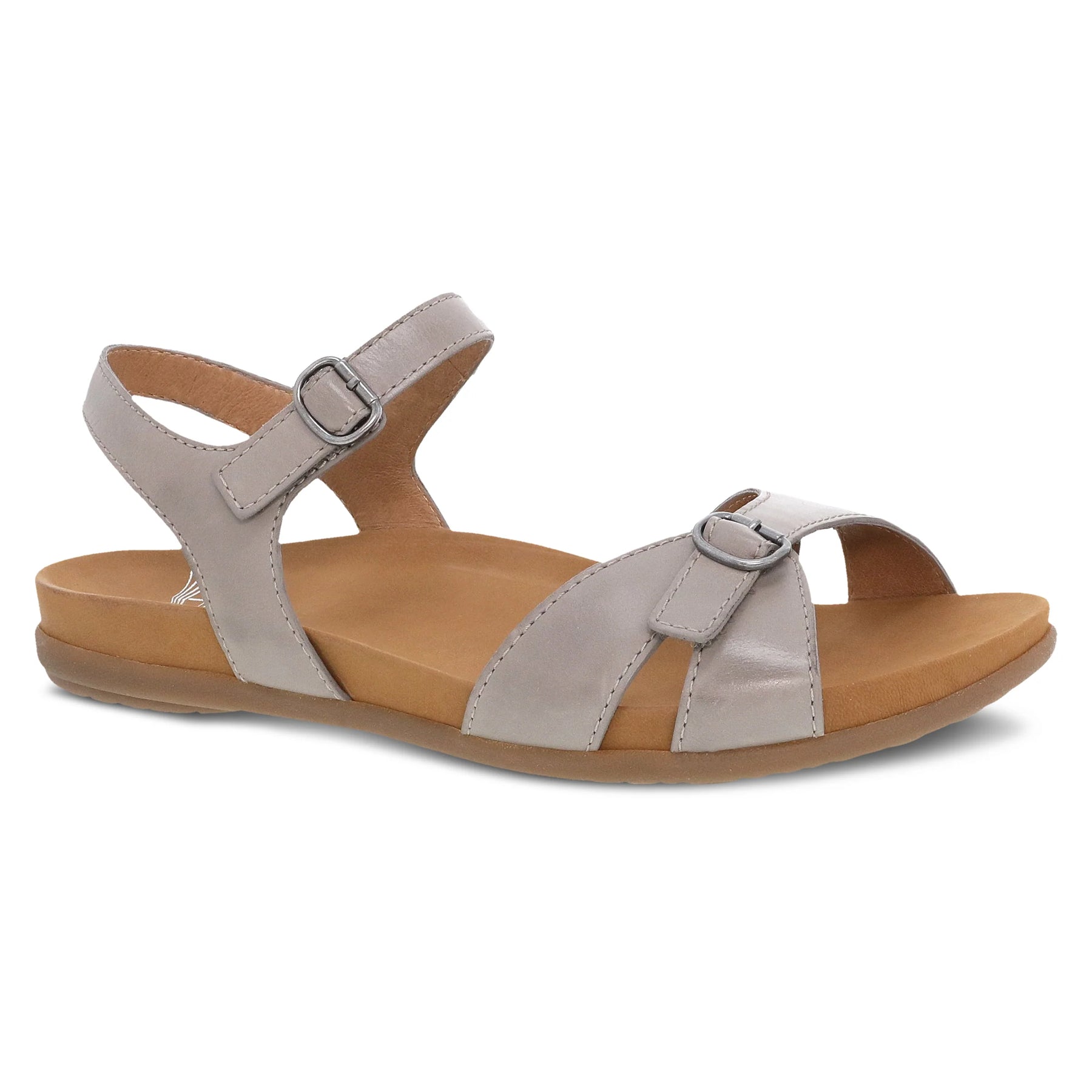 Side view on white background of Womens Dansko Judith Calf running shoe in Stone, Medium (Regular) width