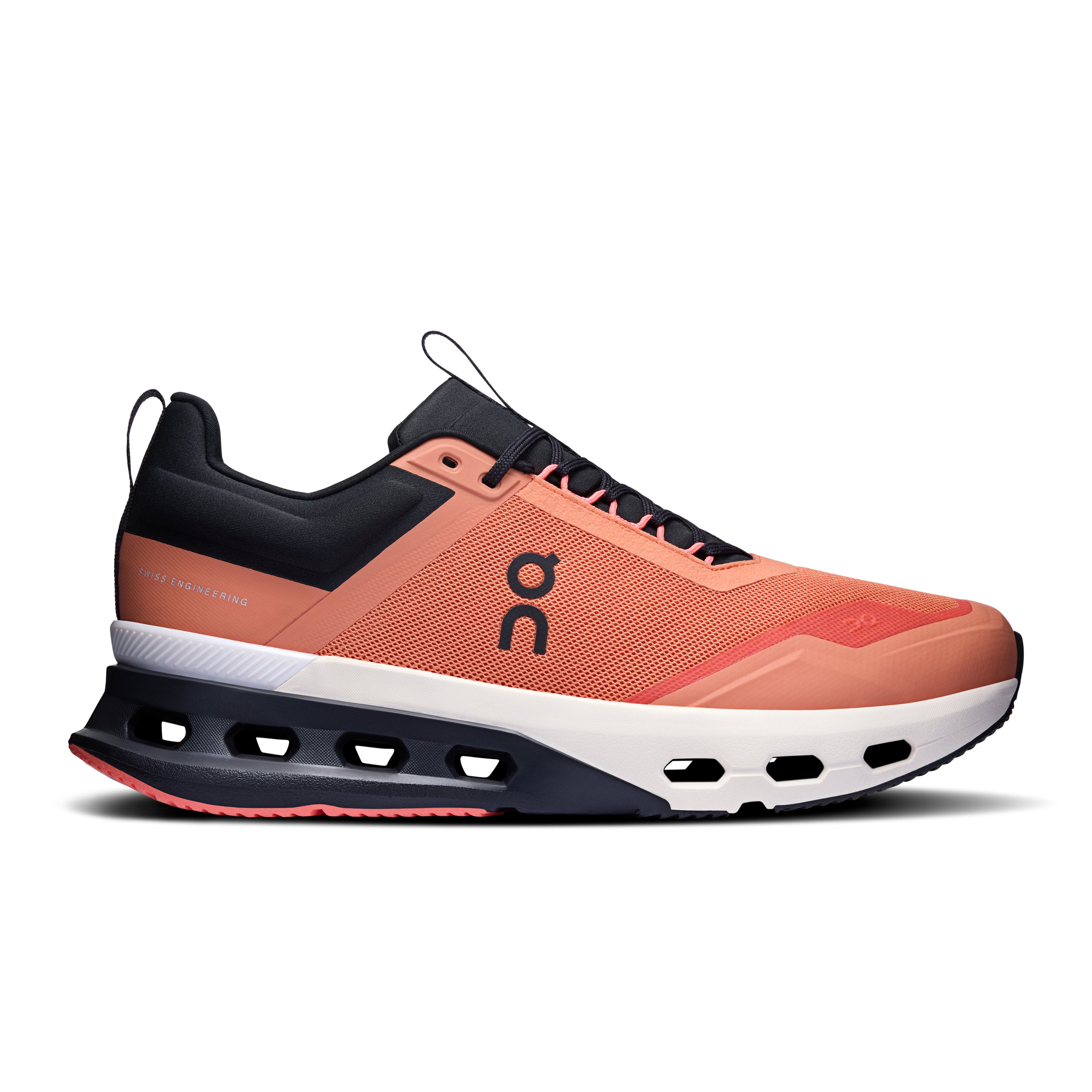 Side view on white background of Mens On Cloudnova X running shoe in Canyon/Salmon, Medium (Regular) width