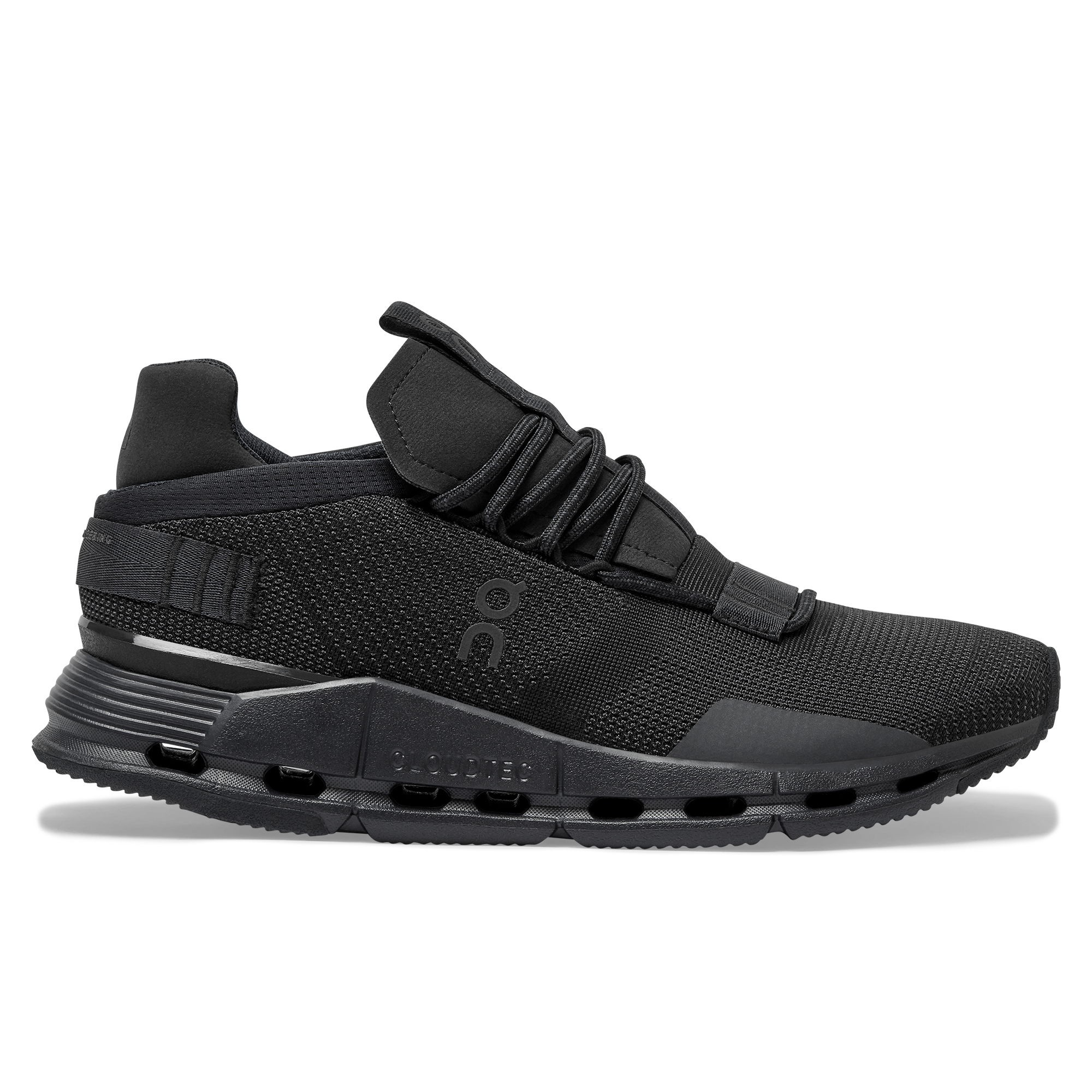 Side view on white background of Womens On Cloudnova X running shoe in Black/Eclipse, Medium (Regular) width