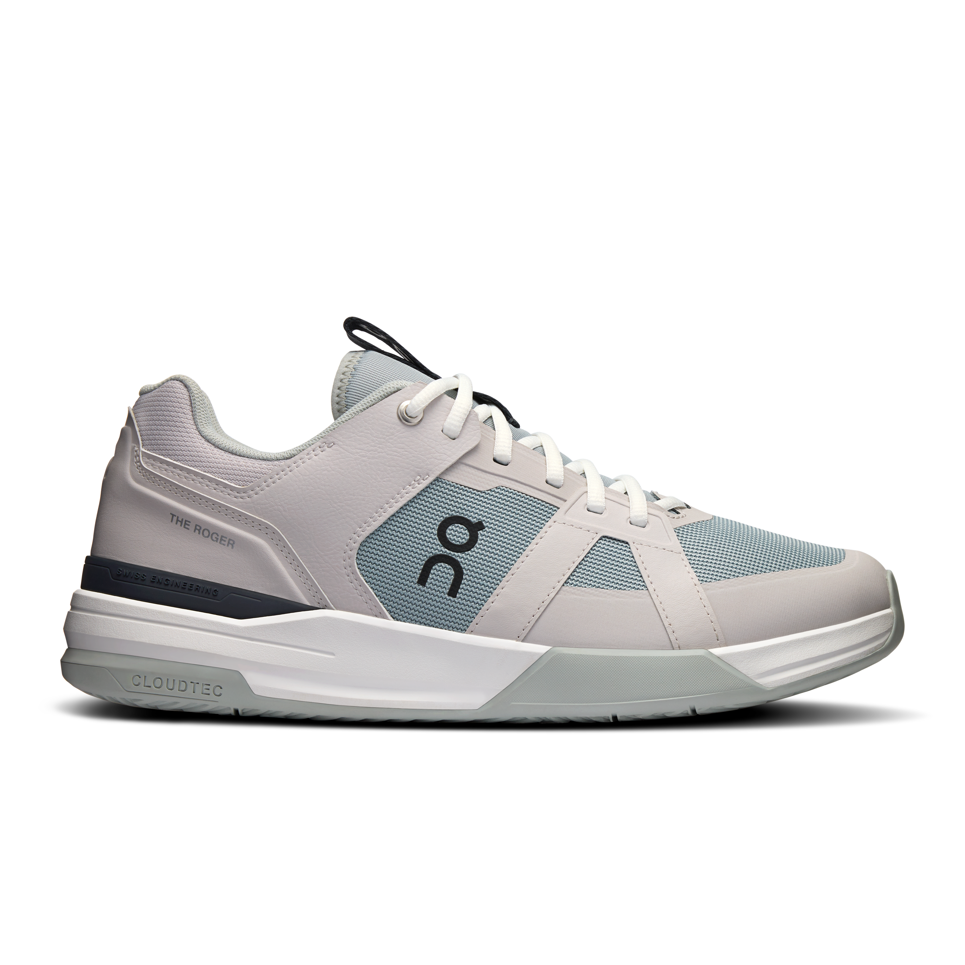 Side view on white background of Mens On The Roger Clubhouse Pro running shoe in Silver/Glacier, Medium (Regular) width