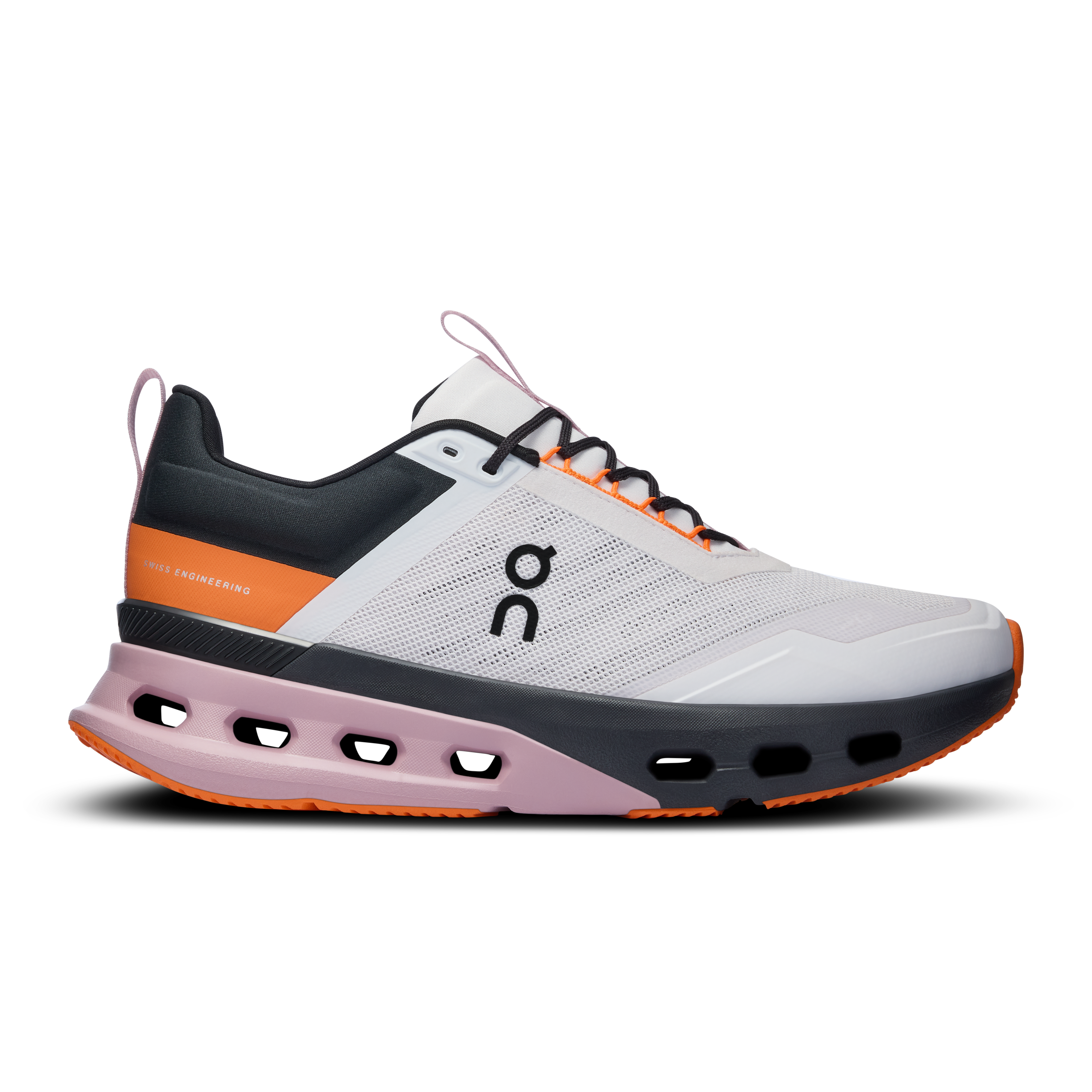 Side view on white background of Womens On Cloudnova X running shoe in Frost/Orange, Medium (Regular) width