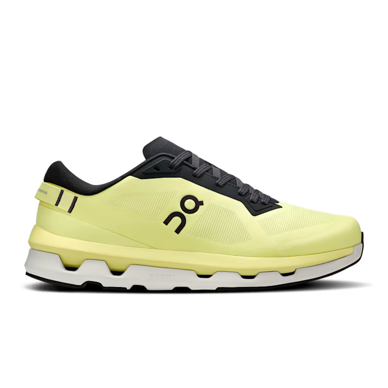 Side view on white background of Mens On Cloudzone running shoe in Limelight/Black, Medium (Regular) width