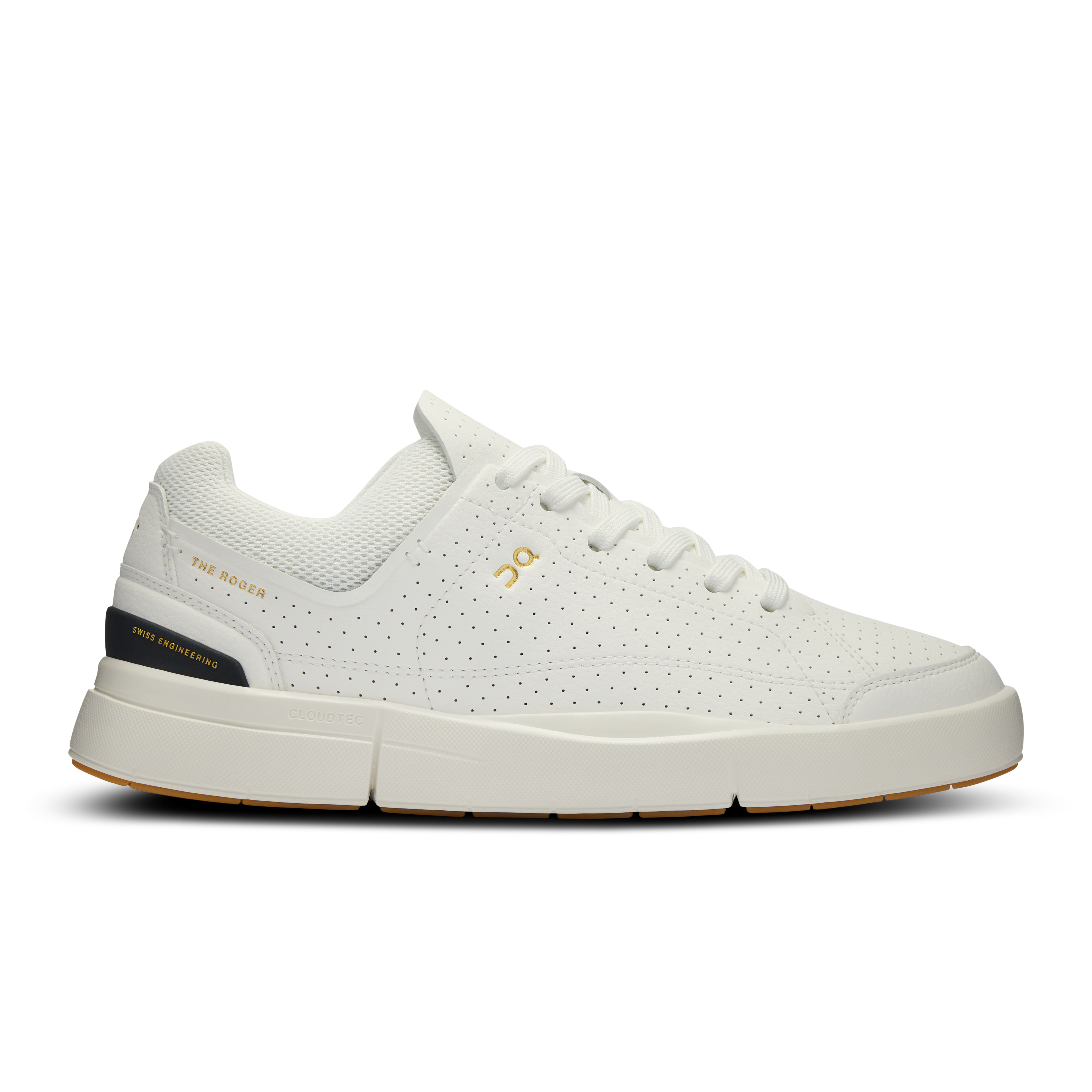 Side view on white background of Womens On The Roger Centre Court 2 running shoe in White/Black, Medium (Regular) width