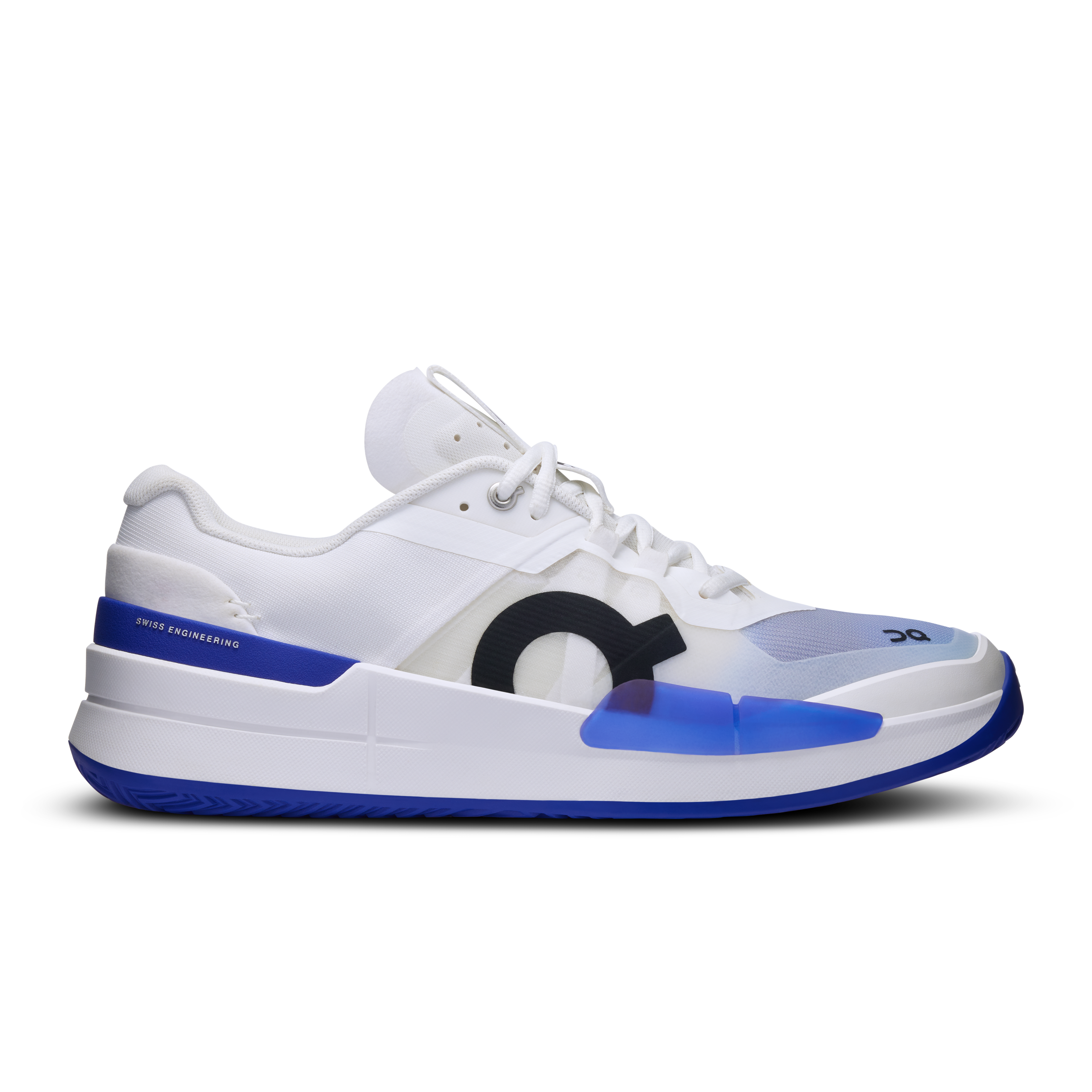 Side view on white background of Mens On The Roger Pro 2 running shoe in White/Indigo, Medium (Regular) width