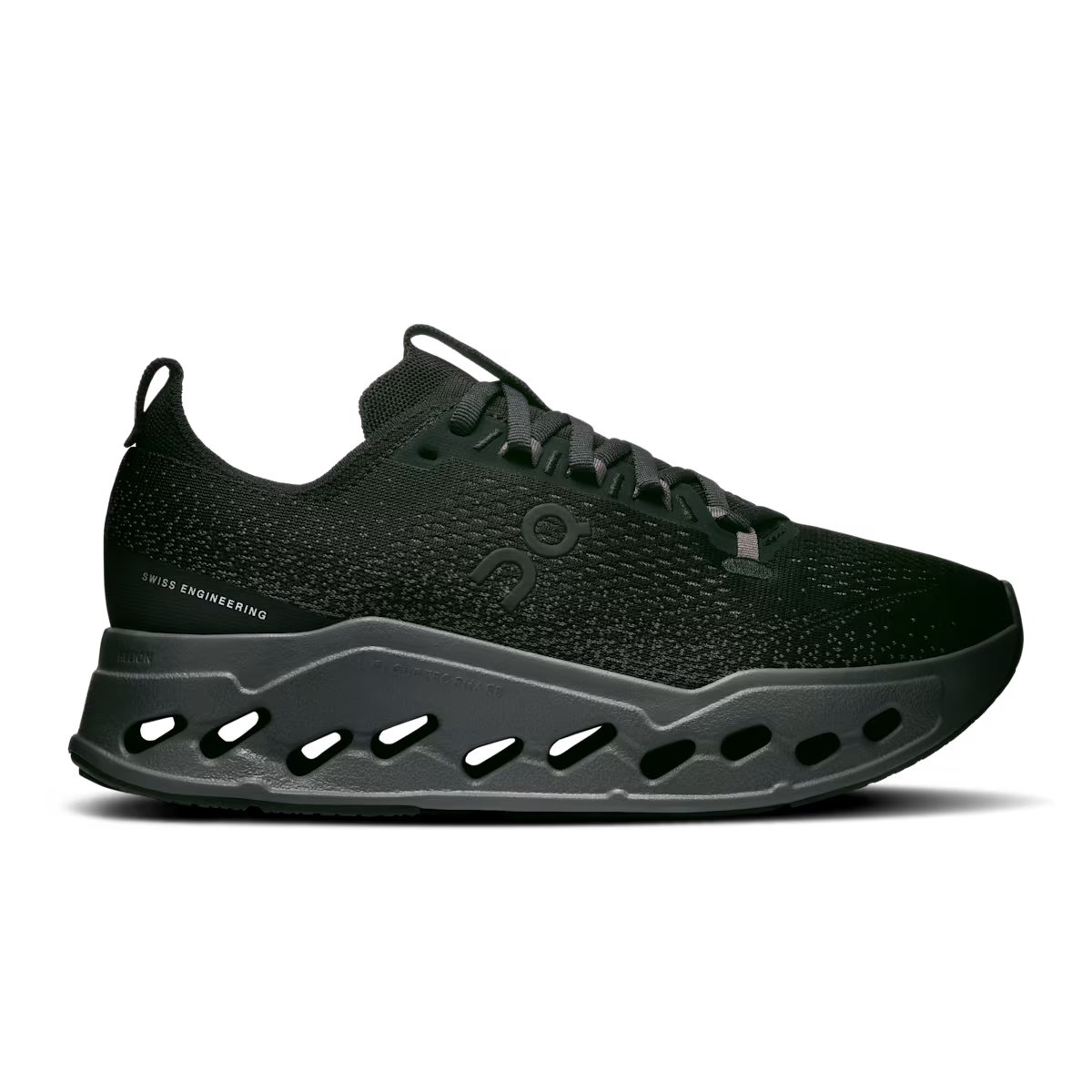 Side view on white background of Womens On Cloudsurfer Max running shoe in Black/Eclipse, Medium (Regular) width