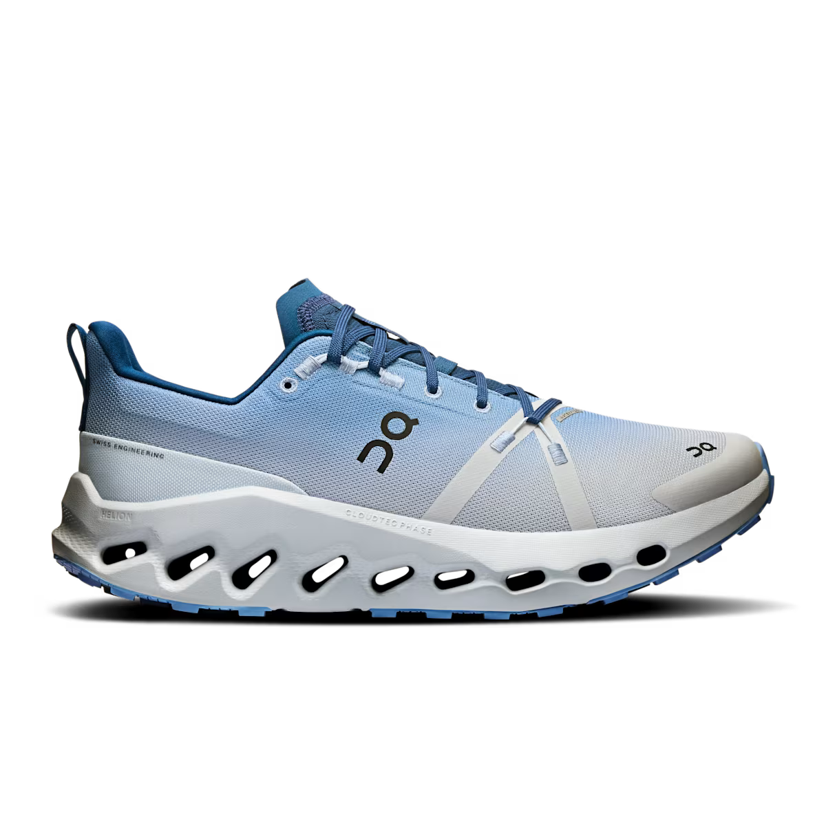 Side view on white background of Mens On Cloudsurfer Trail WP running shoe in Chambray/Glacier, Medium (Regular) width