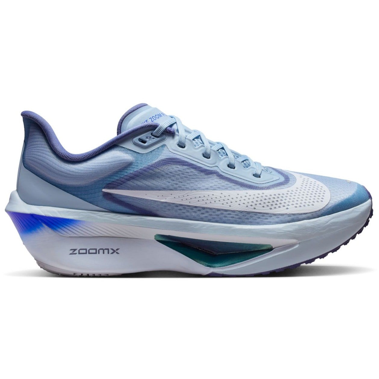 Side view on white background of Womens Nike Zoom Fly 6 running shoe in Lt Armory Blue/White-World Indigo, Medium (Regular) width