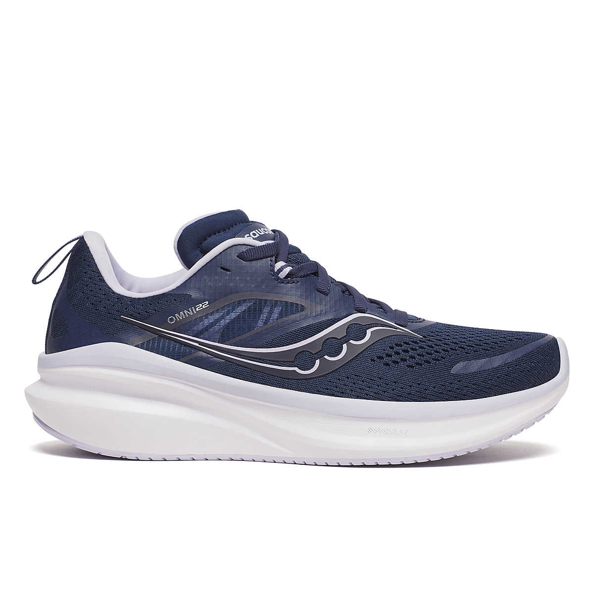 Side view on white background of Womens Saucony Omni 22 running shoe in Navy/Aster, Medium (Regular) width