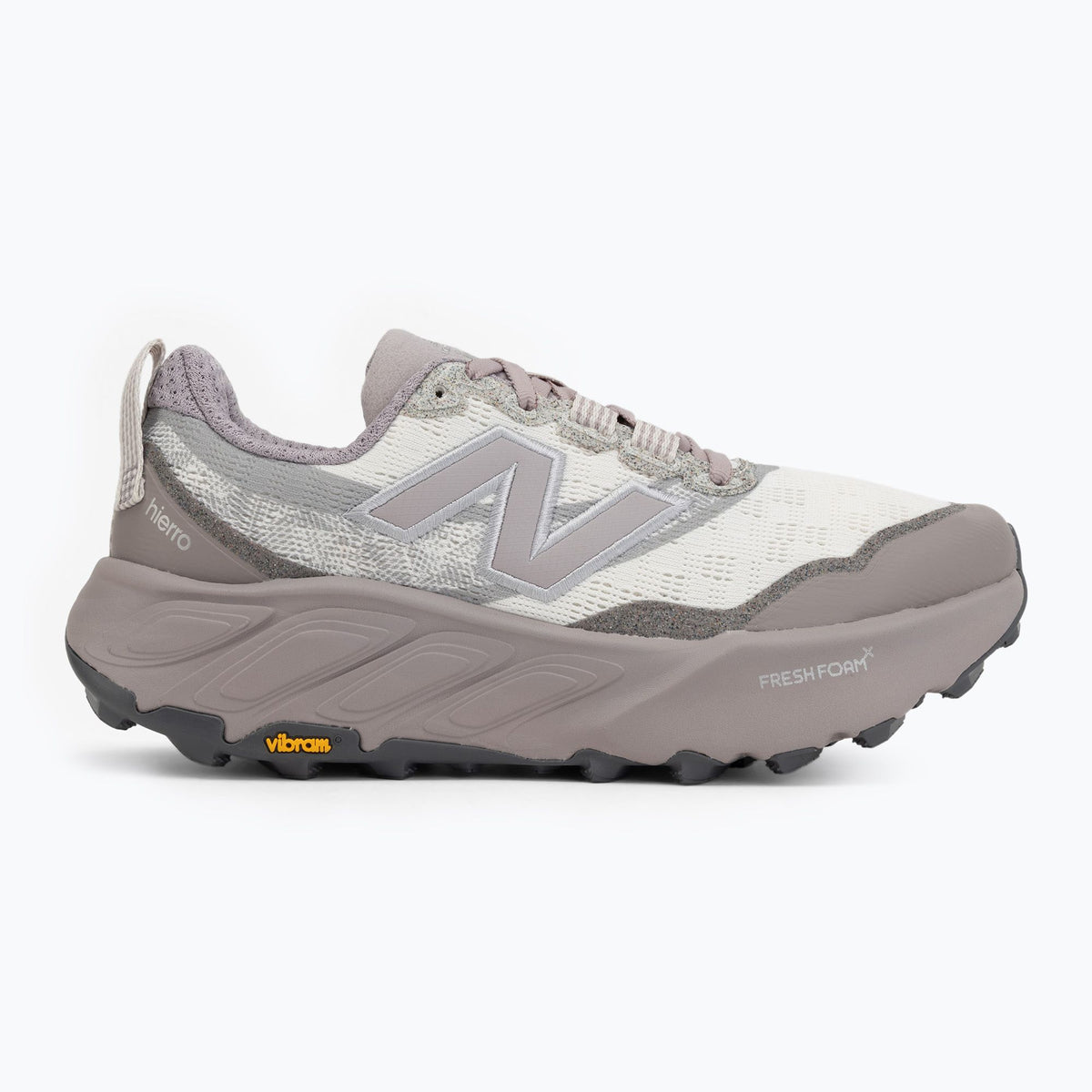 Side view on white background of Womens New Balance Fresh Foam X Hierro V9 running shoe in Sea Salt/Truffle Salt, Medium (Regular) width