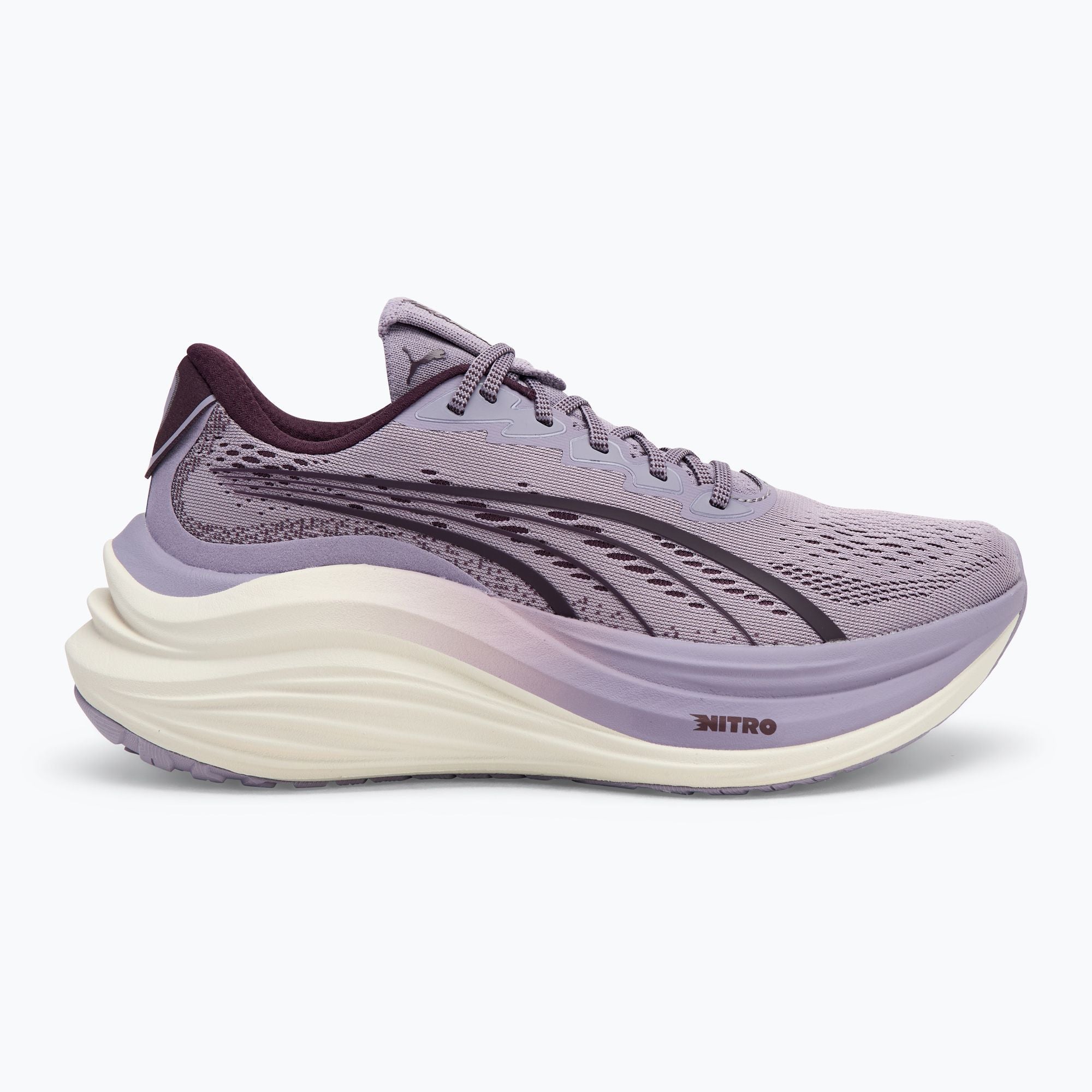 Side view on white background of Womens Puma MagMax Nitro running shoe in Pale Plum/Midnight Plum, Medium (Regular) width