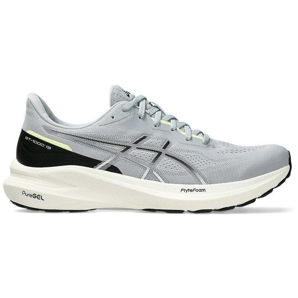 Side view on white background of Mens Asics GT-1000 13 running shoe in Piedmont Grey/Black, Medium (Regular) width