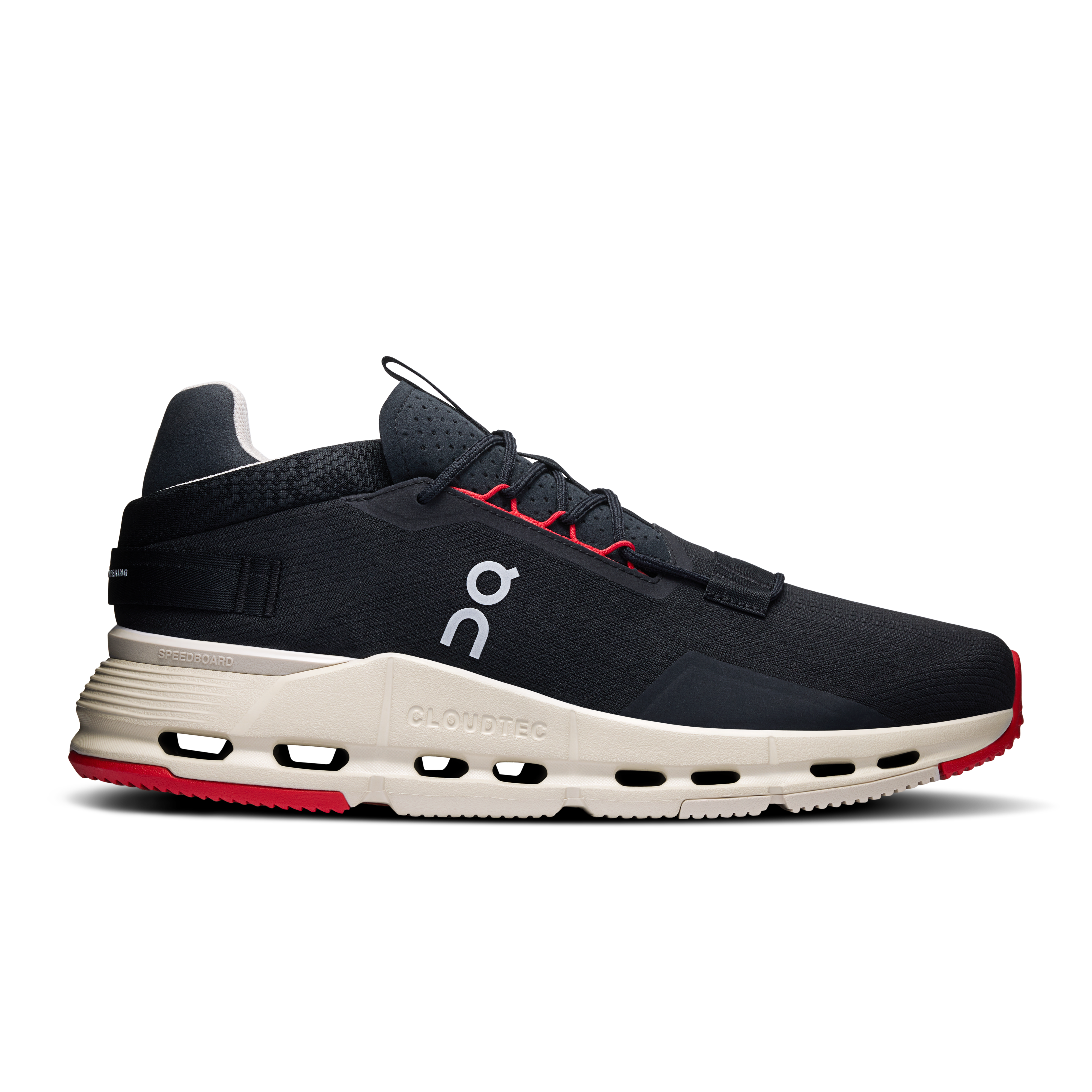 Side view on white background of Mens On Cloudnova 2 running shoe in Black/Red, Medium (Regular) width