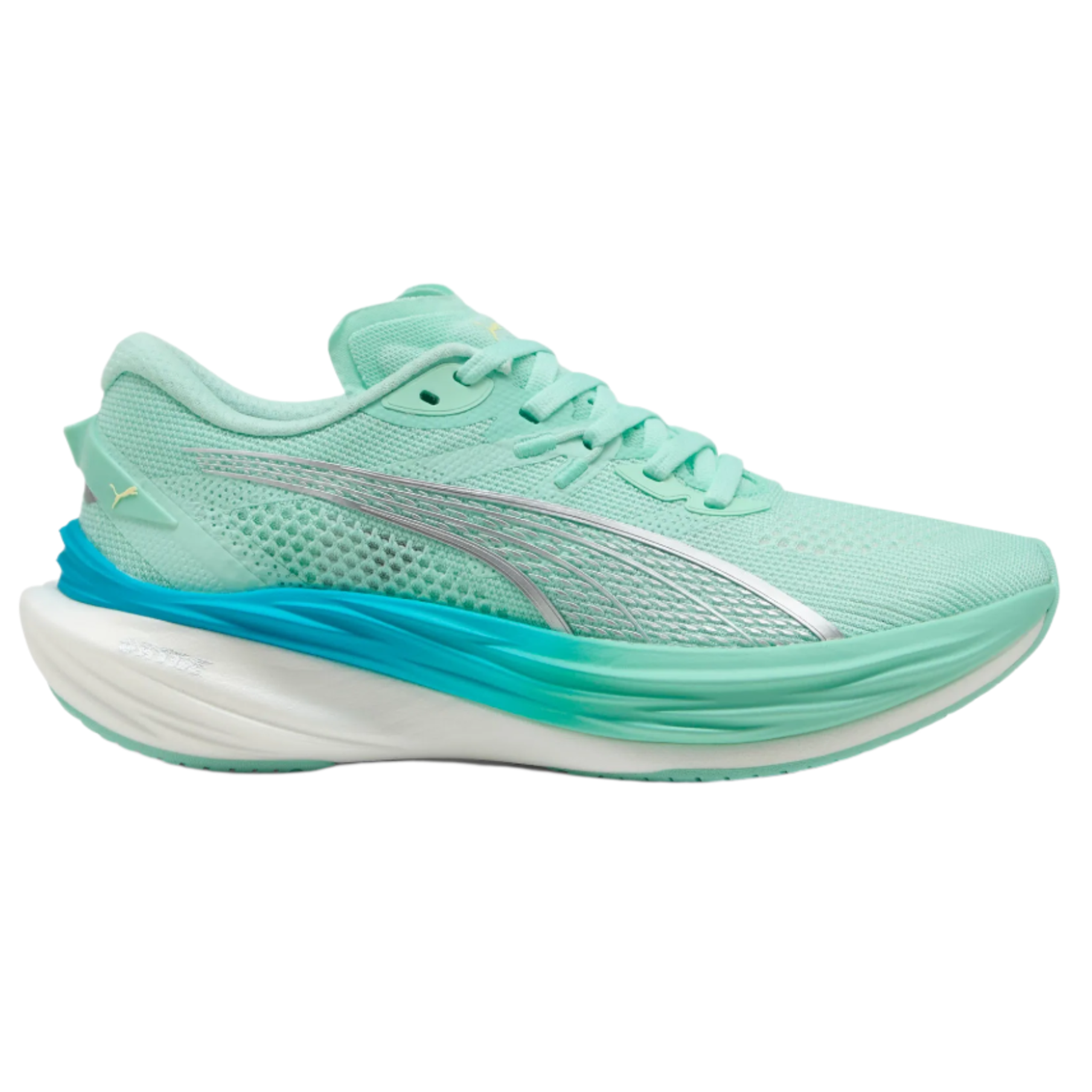 Side view on white background of Womens Puma Deviate Nitro 3 running shoe in Mint Melt/Speed Blue, Medium (Regular) width