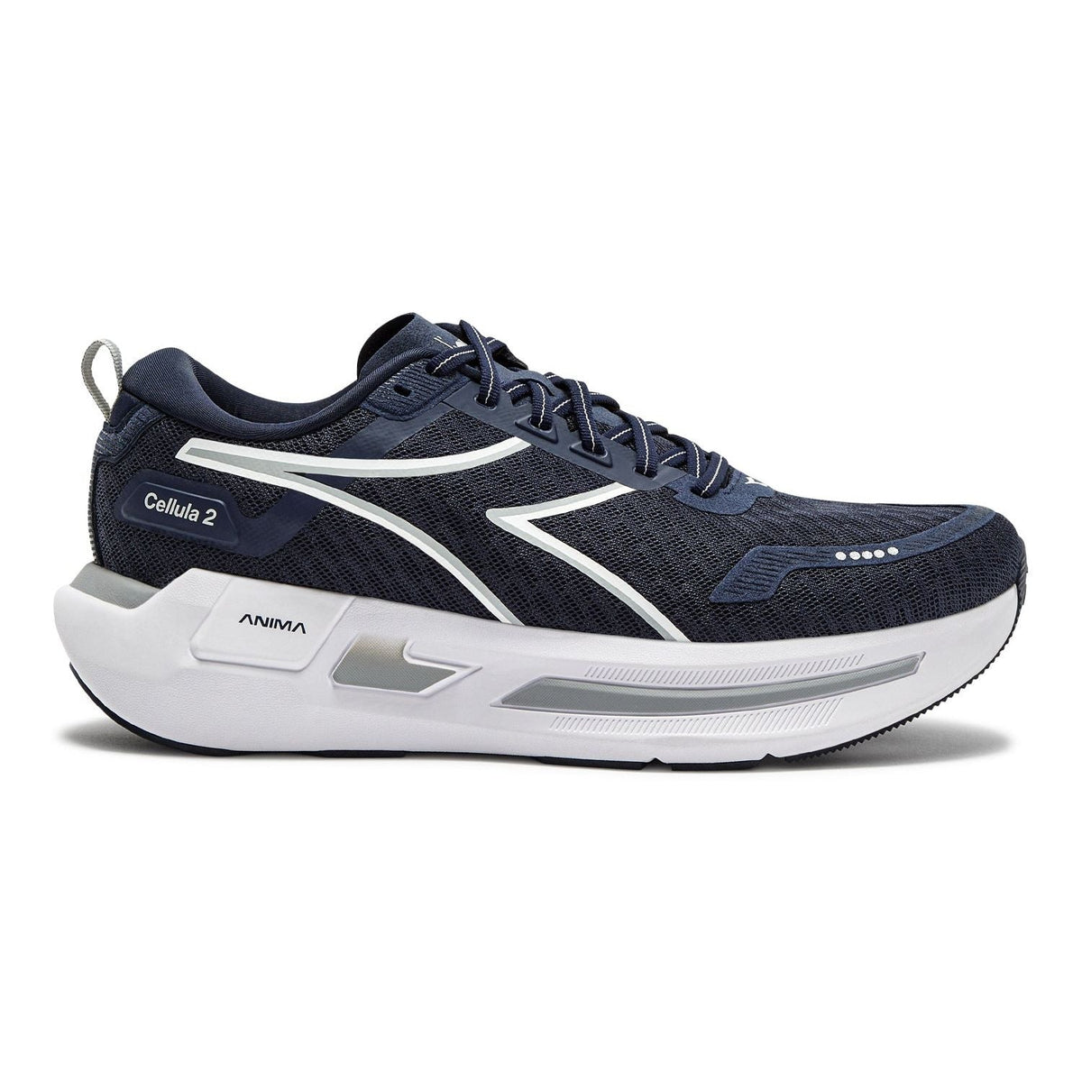 Side view on white background of Mens Diadora Cellula 2 running shoe in Blue Corsair/White, Medium (Regular) width