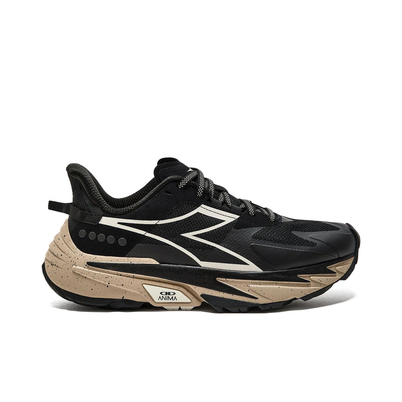Side view on white background of Mens Diadora Equipe Sestriere-XT running shoe in Black/Whipser White/Doesk, Medium (Regular) width