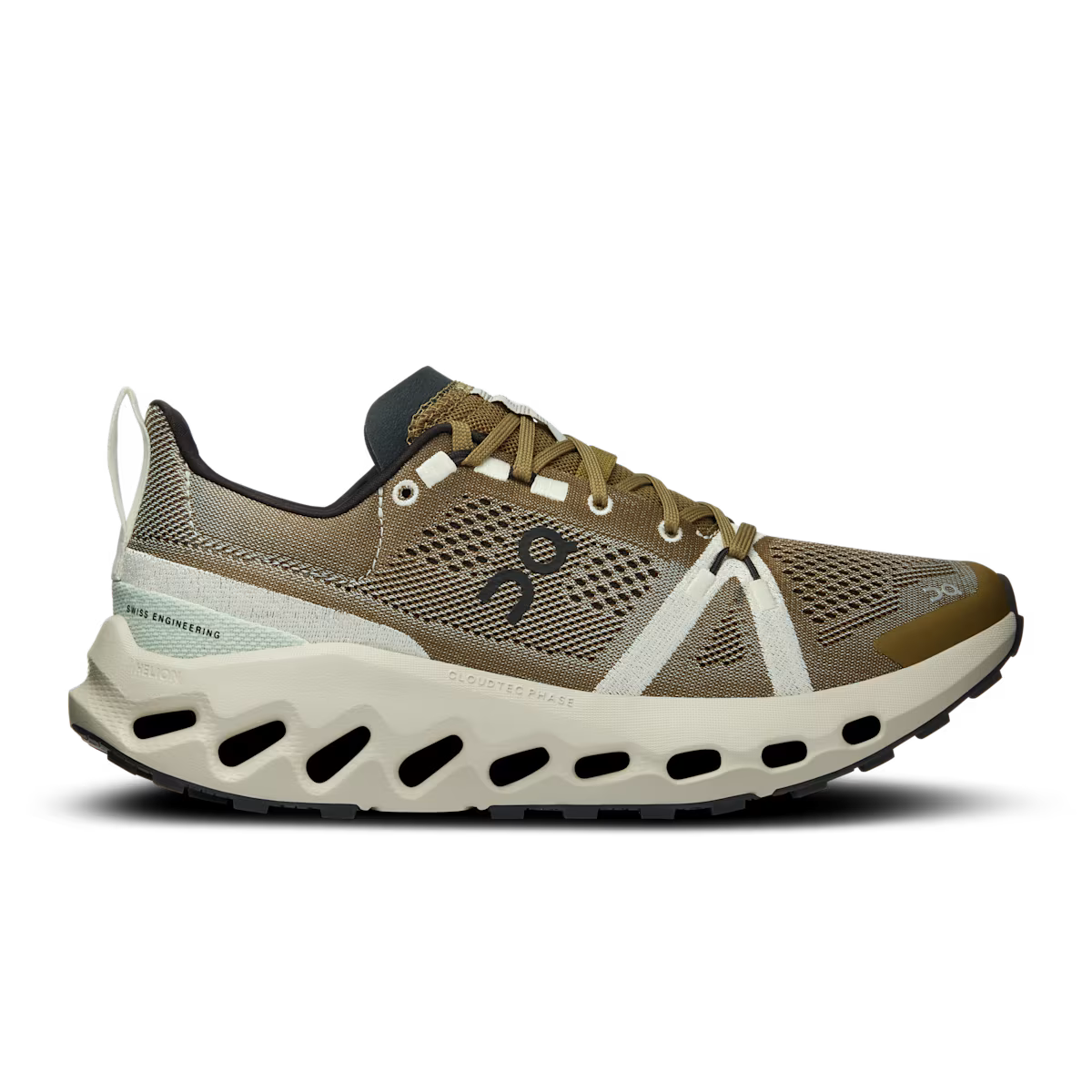 Side view on white background of Womens On Cloudsurfer Trail running shoe in Hunter/Ice, Medium (Regular) width