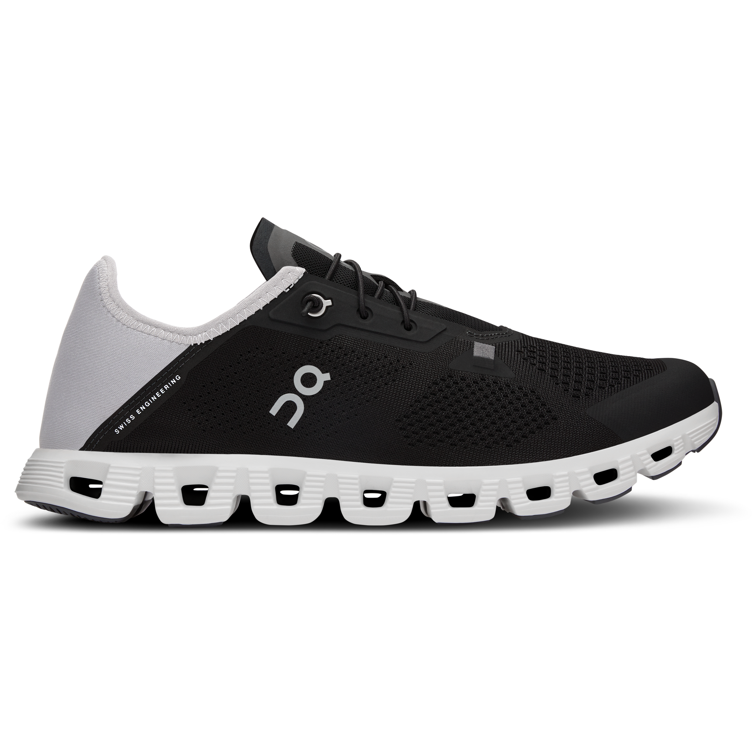 Side view on white background of Womens On Cloud 5 Coast running shoe in Black/Shadow, Medium (Regular) width
